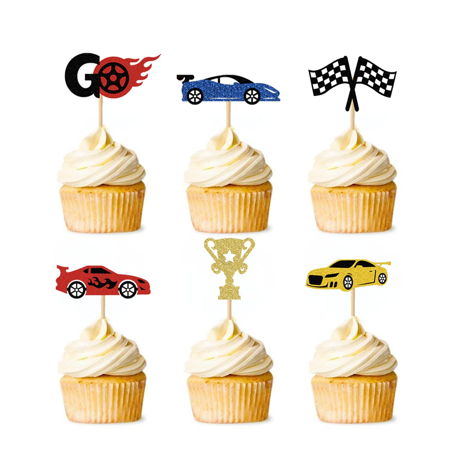 24Pcs Race Car Cupcake Toppers Checkered flag Trophy Wheel Go Glitter Cake Toppers Decorations for Racing Sports Theme Party Birthday Party Baby Shower Supplies