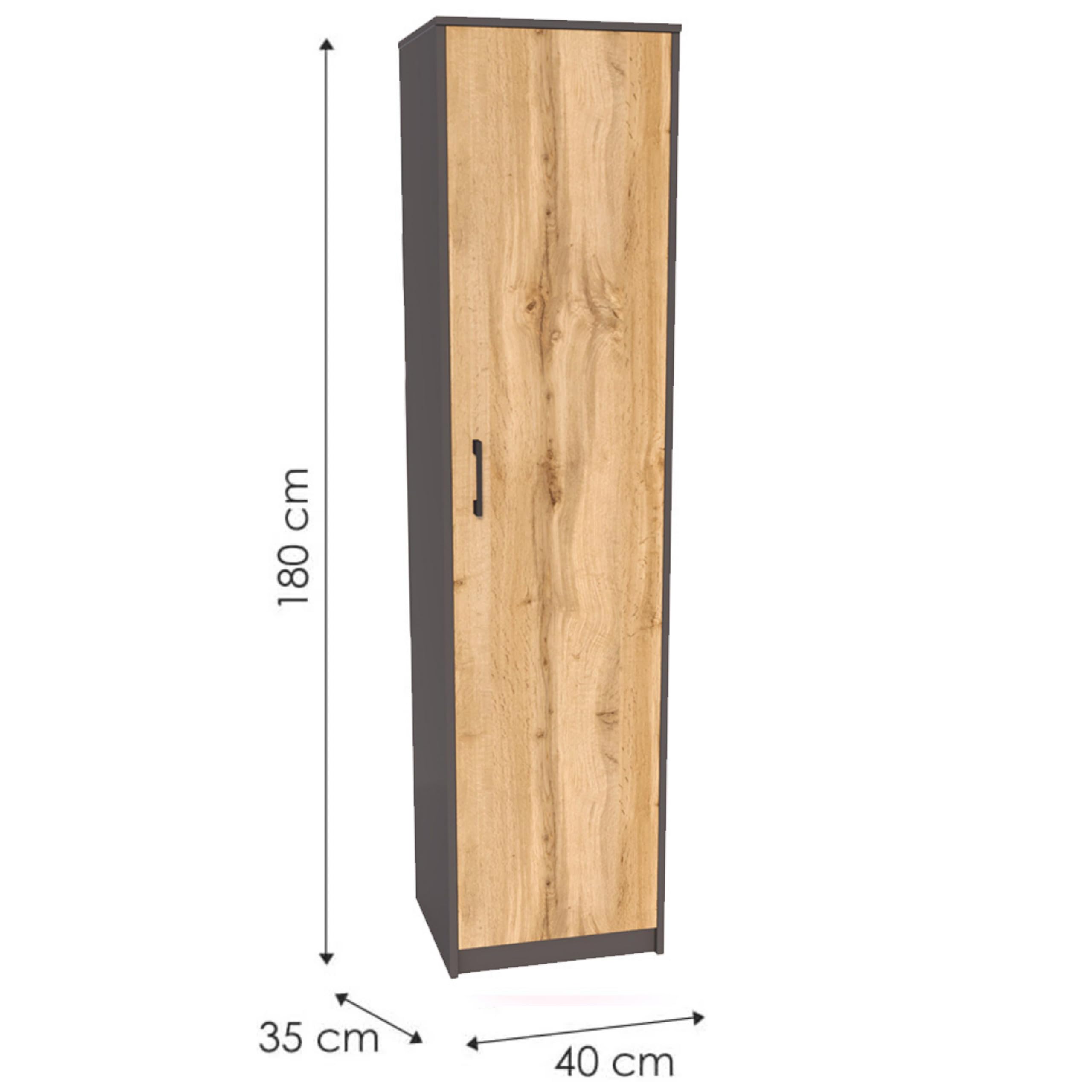 Aktenschrank Graphit/Eiche Wotan 180x40x35 cm Ordnerschrank für Akten 1 Tür und 5 Fächern Schmaler Büroschrank für Homeoffice Mehrzweckschrank Büro Wohnzimmer Flur Hochschrank aus 16 mm Möbelplatte