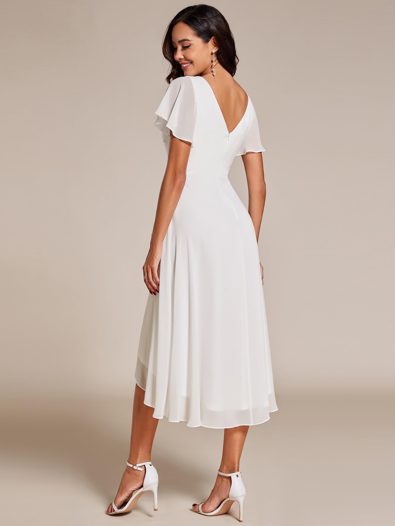 Ever-Pretty Robe Témoin de Mariage Asymétrique High Low Col V Manches Volantées Mousseline Midi Taille Empire Belle Robe Soirée Chic EG01756-P