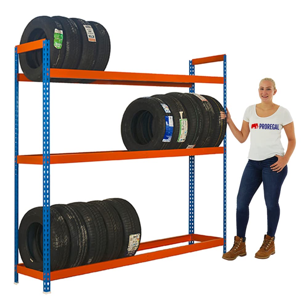 PROREGAL Reifenregal Big Metal Shark No. 6 | HxBxT 200x180x45cm | 3 Ebenen | 21 Reifen | Blau Reifenständer Garagenregal/Orange