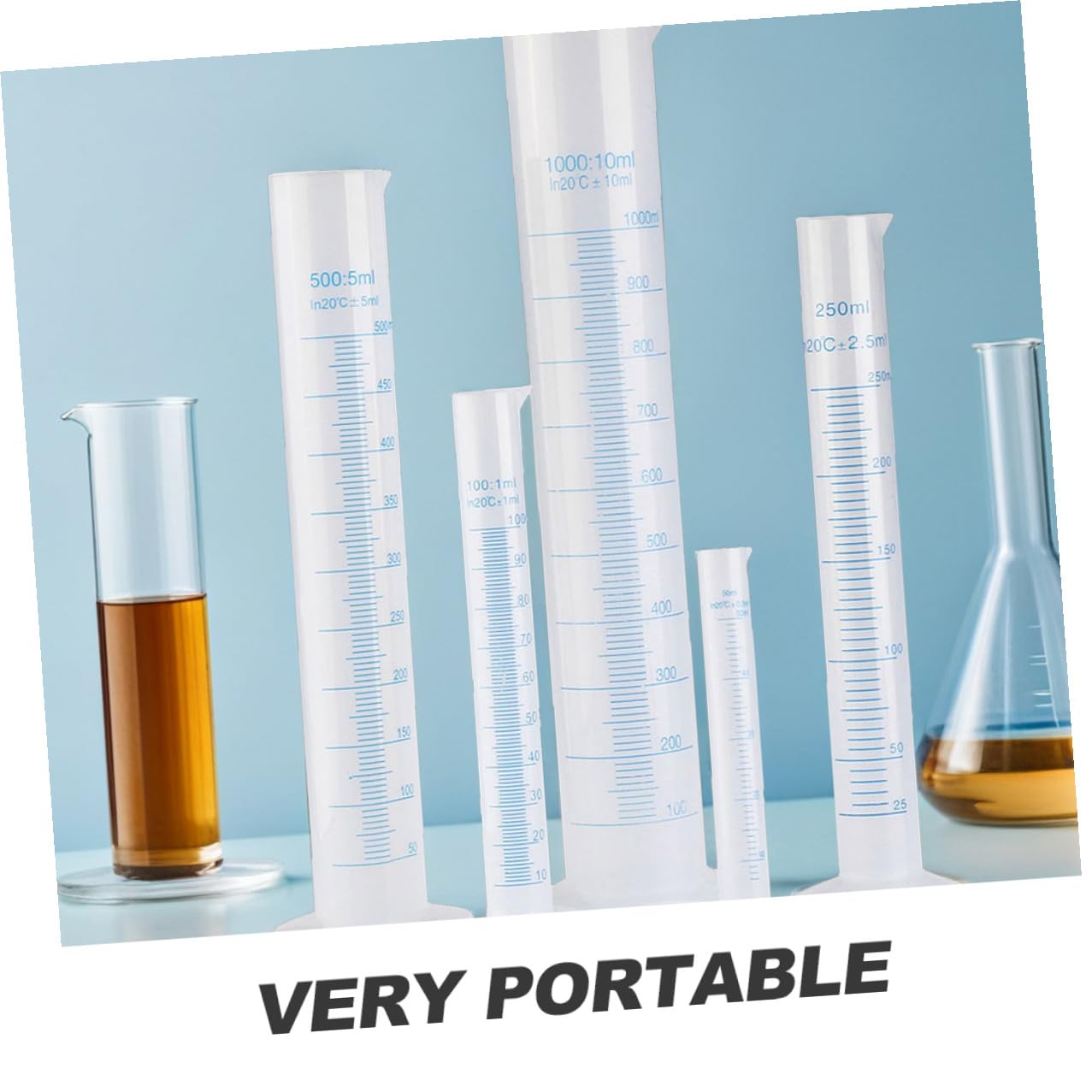 Beavorty Messzylinder aus Kunststoff, transparent, 5 Stück, für Labor, 50 ml, 100 ml, 250 ml, 500 ml, 1000 ml, stabile Basis, beständig gegen Chemikalien