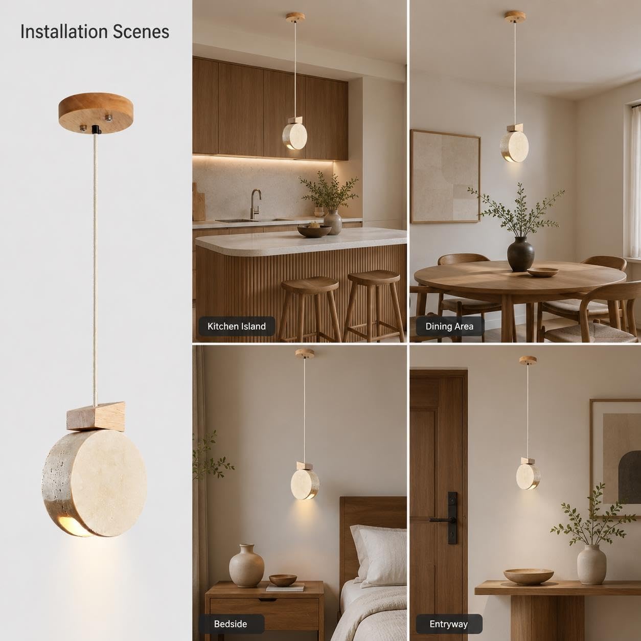Mini lampada a sospensione in legno con paralume in travertino, G9
