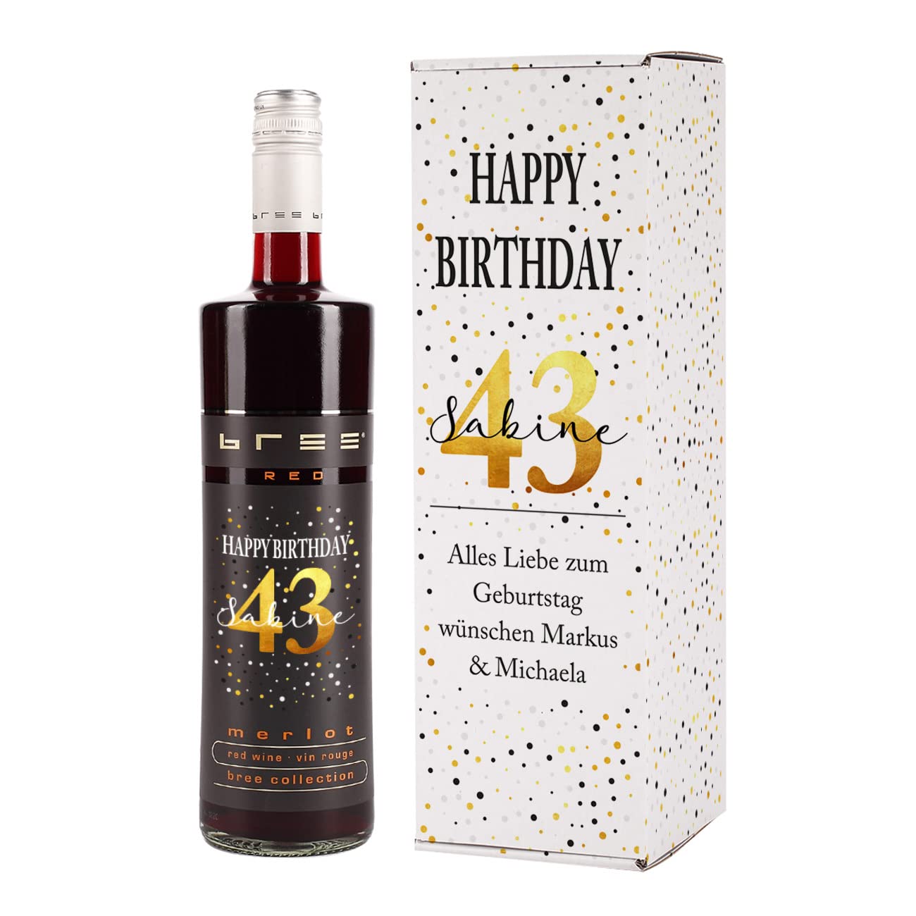 BREE Weinflasche (1 x 0.75 l) Geburtstagswein personalisiert mit Namen und Alter (merlot, Flasche + Verpackung)
