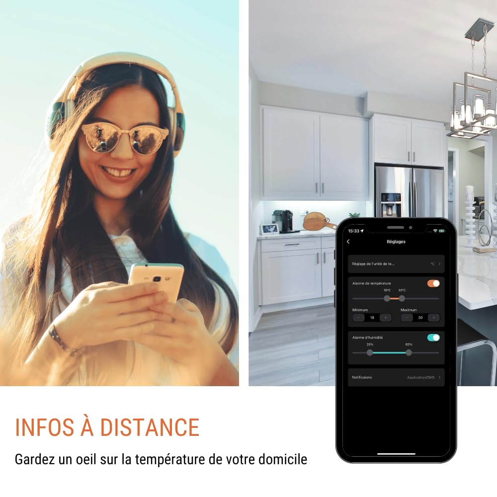 Konyks Termo 2, Thermomètre Hygromètre connecté Wi-Fi, Grand écran, Lecture à distance, déclenche d'autres appareils Konyks en fonction des mesures, Compatible Alexa et Google Home