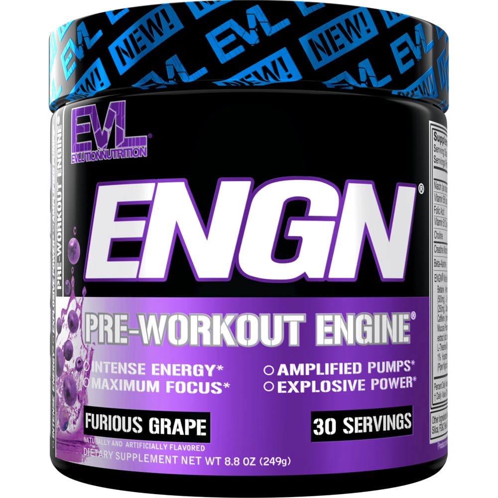Evlution EVL Intense Pre Workout with Creatine - ENGN Energizing Pre Workout for Men Powder Drink for Lasting Energy Focus and Recovery - with Beta Alanine Caffeine and L Theanine - Furious Grape