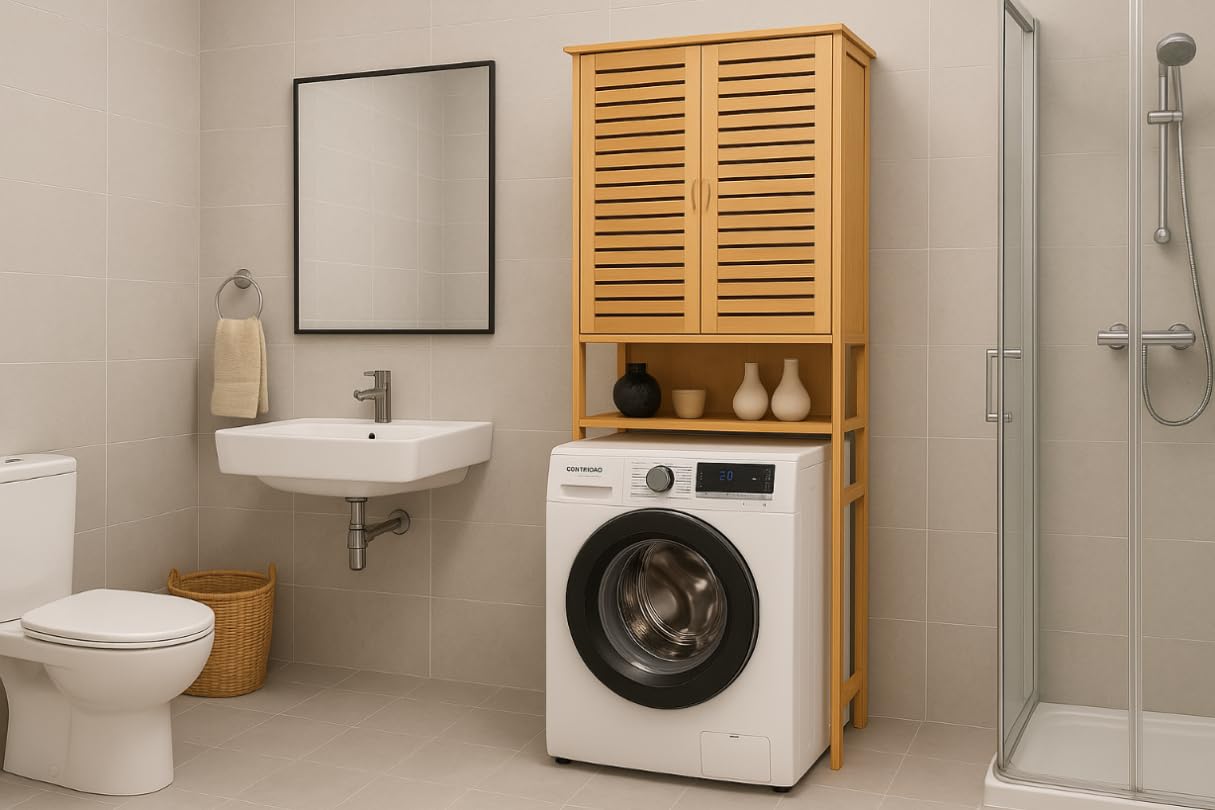 Armadietto per lavatrice in bambù, con ripiani regolabili, 170 x 66 x 23 cm, colore naturale