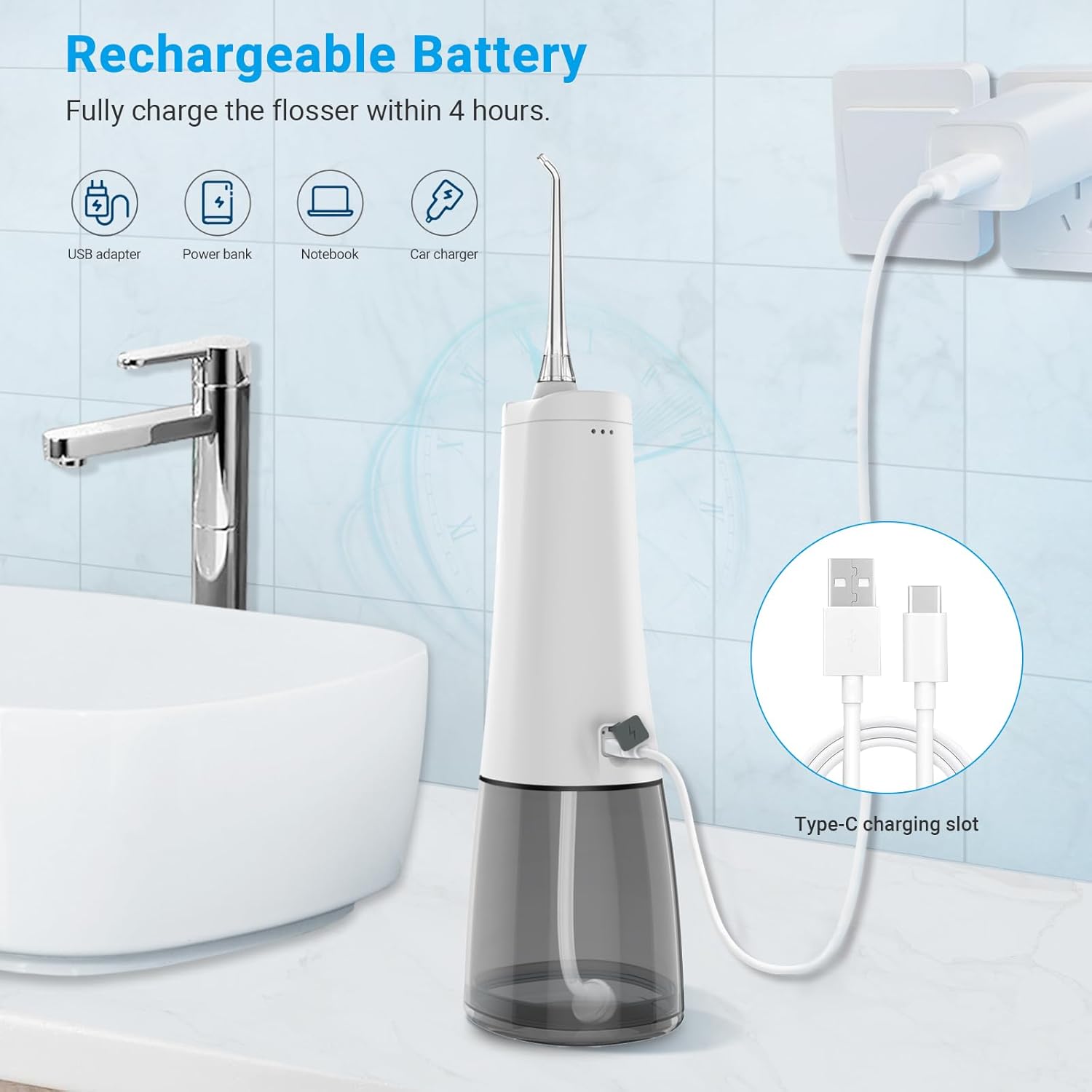 Generic Water Flosser Portable Oral Irrigator Rechargeable Braces Cleaning Cordless Teeth Cleaner Tool Kit Waterproof Ipx7 White