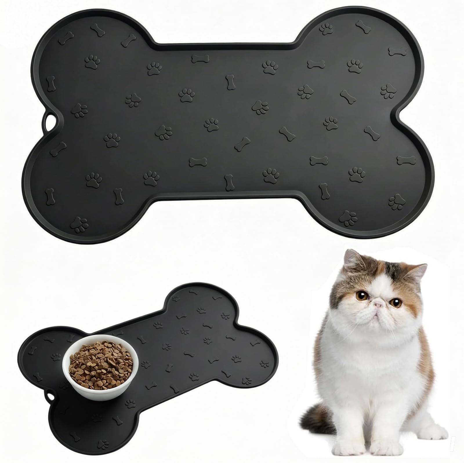 Geebymol Silicone Pet Feeding Mat, Waterproof Dog Cat Food Mat with Raised Edges, Pet Water Bowl Placemats, Dog Cat Feeding Mats for Food and Water Prevent Spill, 48x30cm (Black)