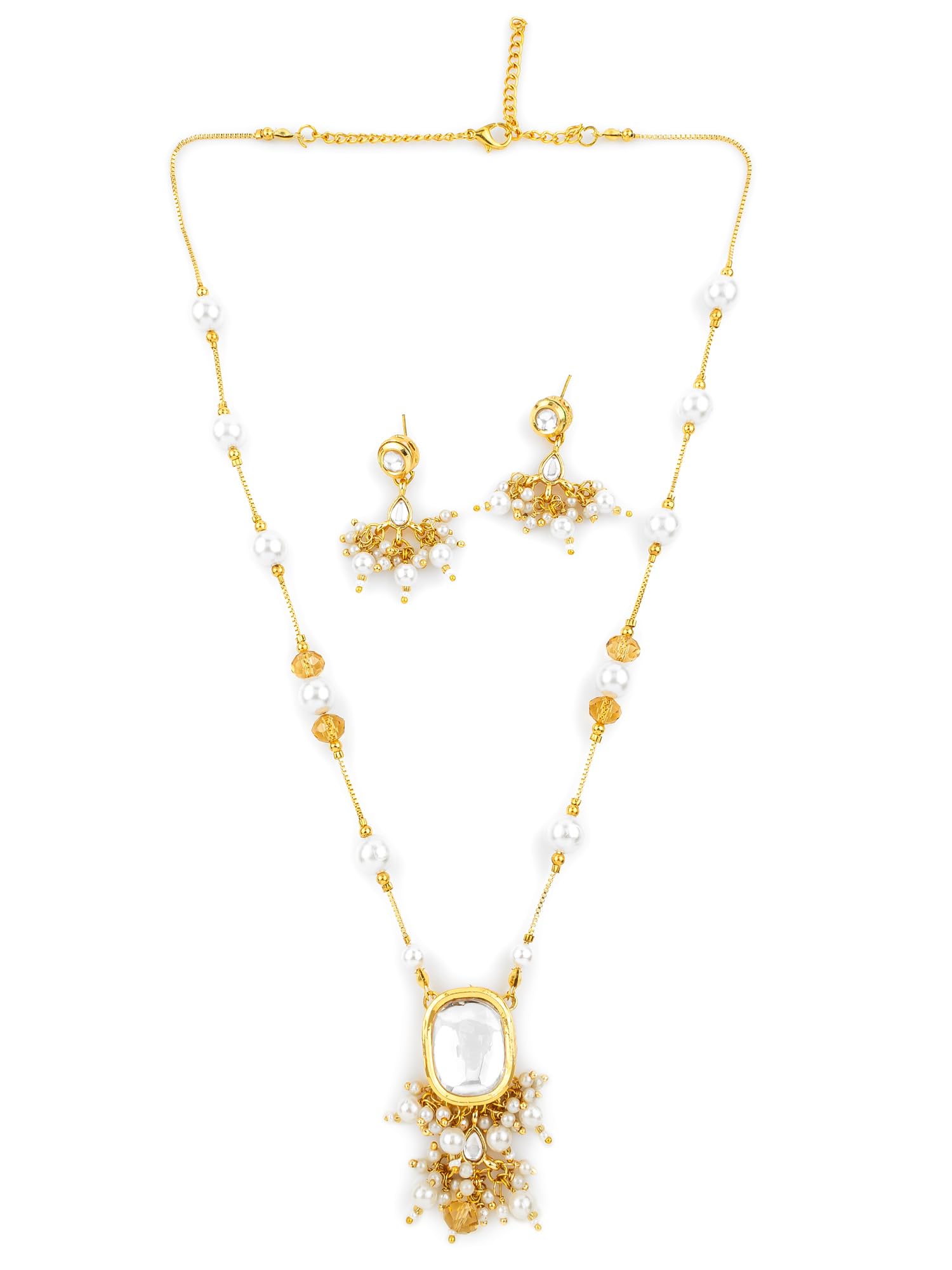 Gold Plated Kundan Pearl Necklace Set with Earrings for Women & Girls | White Stone Pendant with Hanging Beads & Pearl Accents | Bridal & Ethnic Wear (NK4766)-image-34