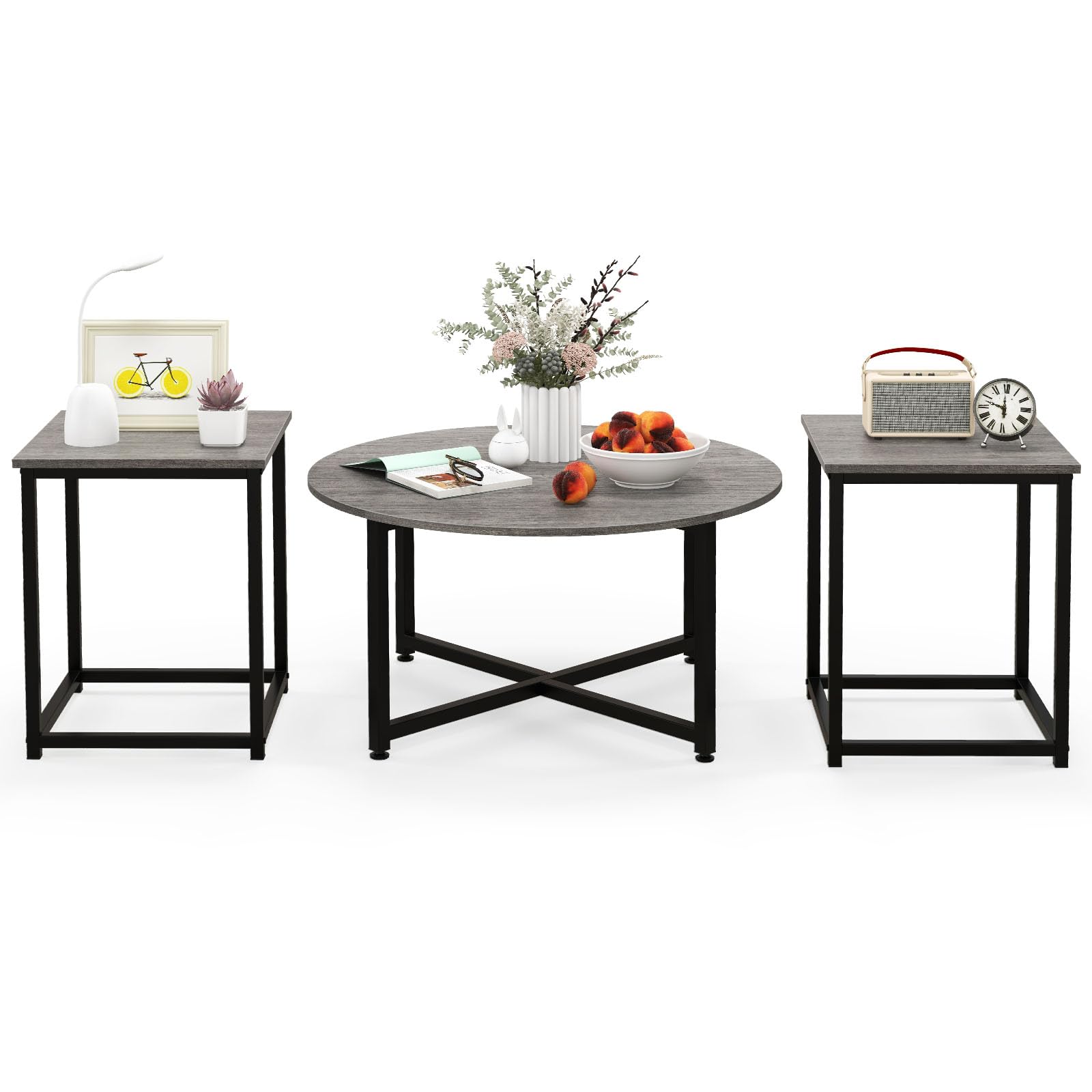 LIFEZEAL Set di 3 Tavolini da Salotto, Tavolini da Caffè, Tavolino Rotondo, 2 Tavolini Quadrati, Tavolini Bassi Laterali, Lato Divano, Separati, Uniti, Legno+Metallo, Moderno, per Soggiorno, Grigio