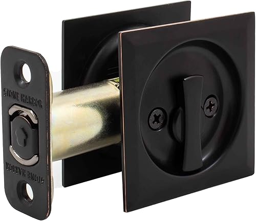 Miniatura 2 de Stone Harbor Hardware Cerradura de puerta de bolsillo cuadrada contemporánea, función de privacidad, fondo de 2-38", bronce vintage