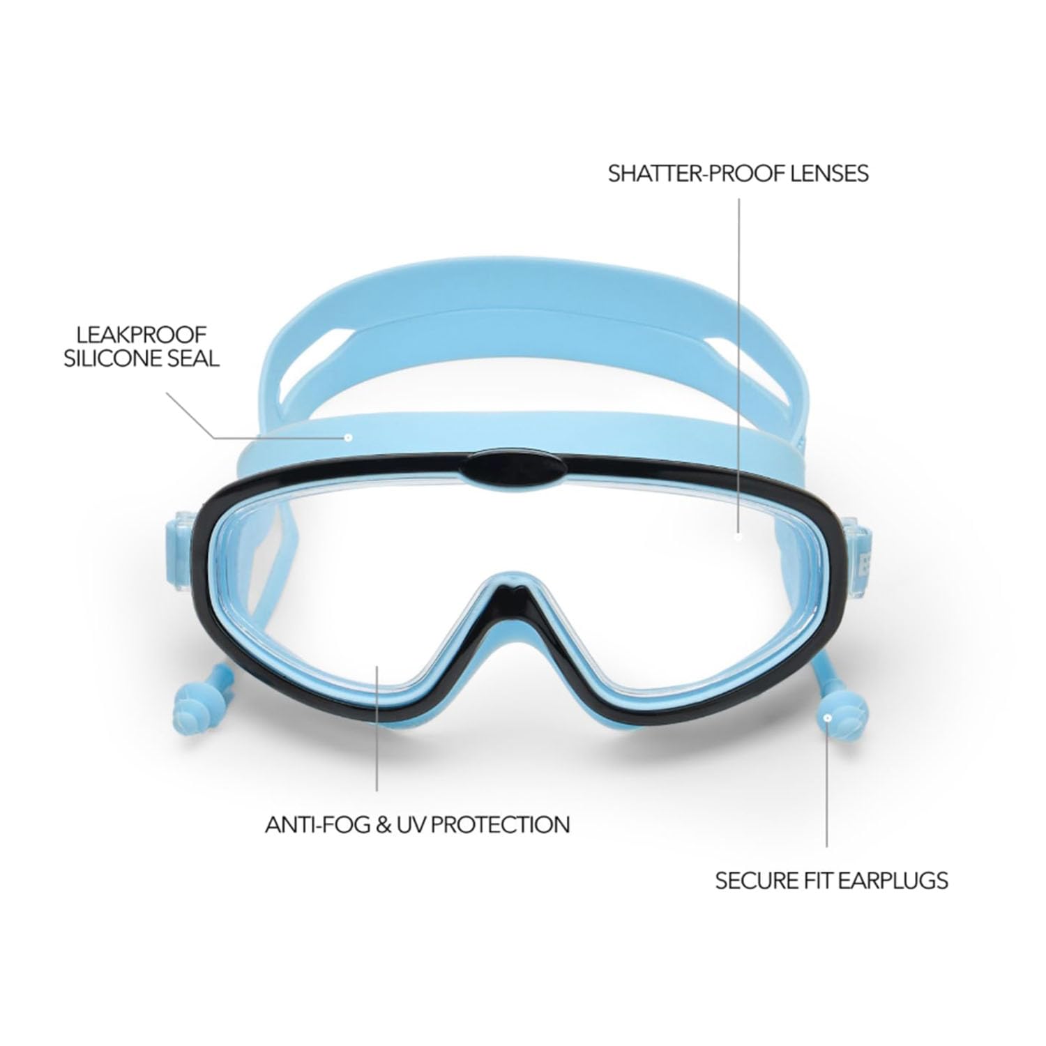 Boldfit Swimming Goggles for Kids, Boys With Adjustable Strap, UV Protection, Antifog Goggles for Swimming Girls Air Tight with Free Ear & Nose Plug - Blue Black