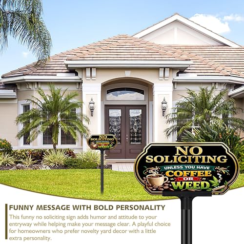 Image of Funny Coffee No Soliciting Sign for House, 10 x 5 Inch Aluminum Yard Sign | Funny Coffee No Soliciting Yard Sign with 40 Mil Aluminum, UV Printed Weatherproof Outdoor Sign for Home, Lawn and Fence