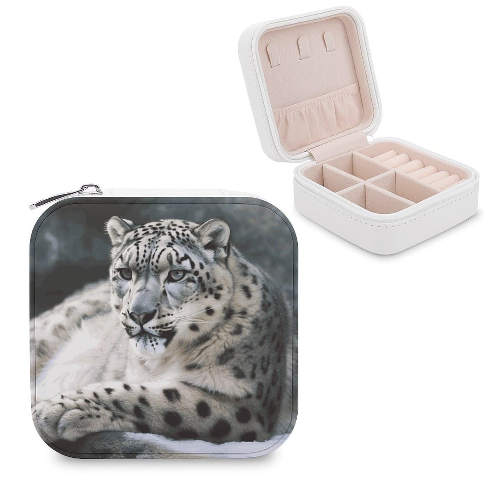 MUSM Snow Leopard Travel Jewelry Case Personalized PU Leather Jewelry Boxes for Women Small Portable Jewelry Organizer Box Cute Trinket Box for Necklaces Rings Earrings & Gifts