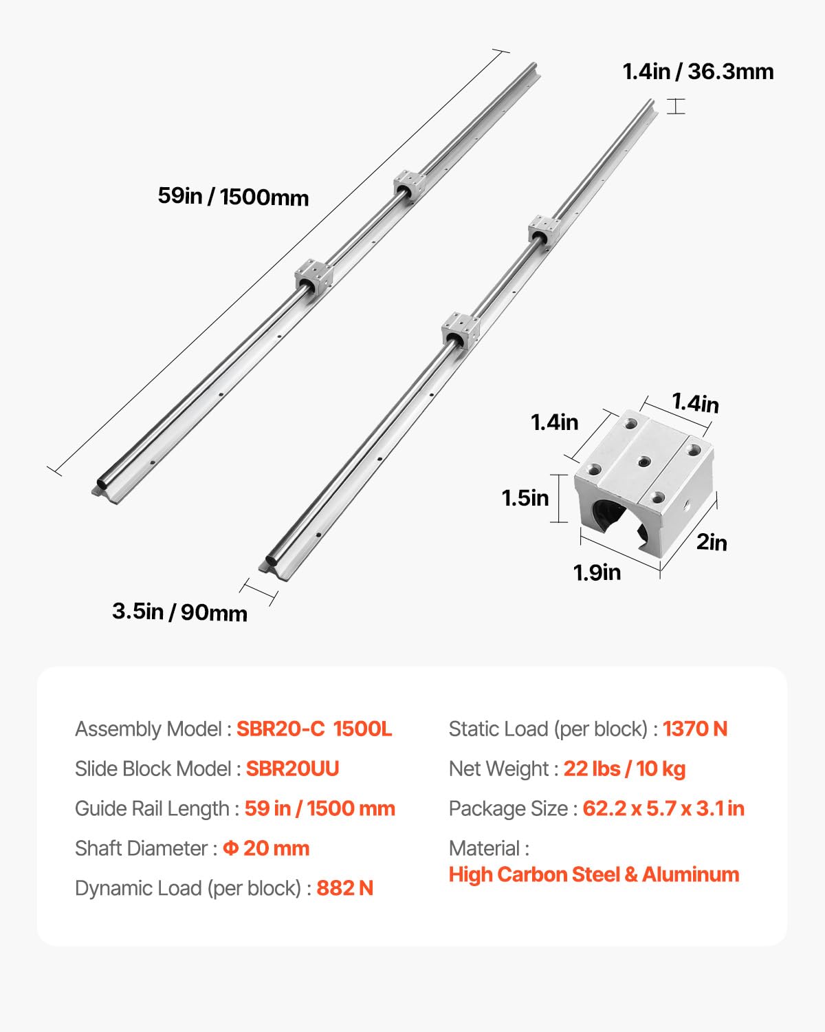 VEVOR Linear Rail, 2PCS SBR20-1500mm, Linear Slide Rail, 4 PCS SBR20UU Bearing Block CNC Kit Linear Rails and Bearings Kit CNC Rails Linear Rail Set, for Automated Machines and Equipment — Amazon image 7