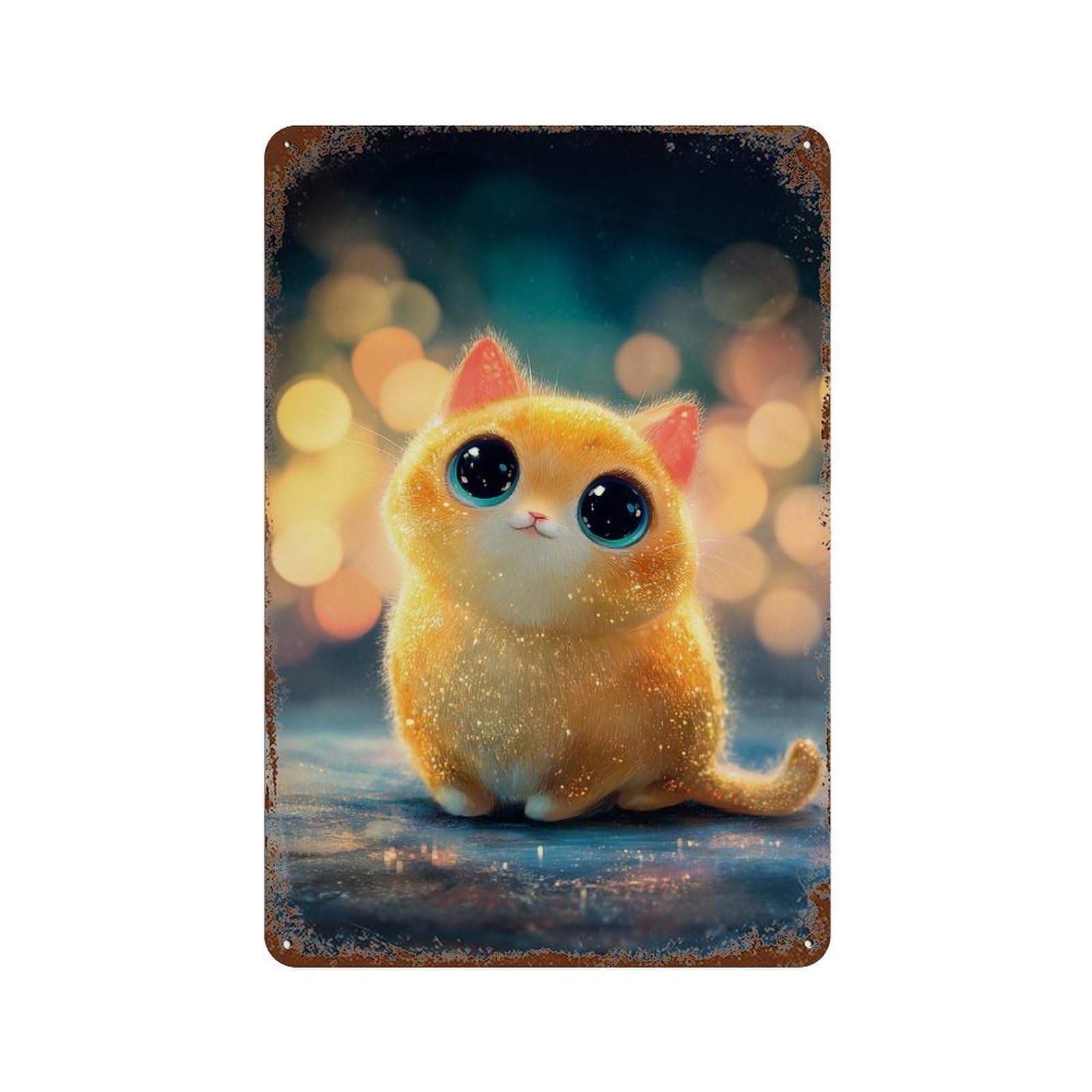 Cute Orange Kitten with Big Eyes Rust Effect Tin Sign 11.8"x7.9", Novelty Wall Decor for Patio, Garden Room And Bar Decor