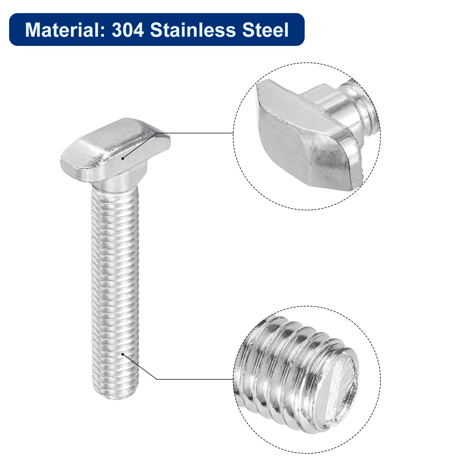 QUARKZMAN 30Pcs Pernos Ranura En T, M8 x 50mm Perno Cabeza Martillo Tornillo En T Espárrago Inserción Para Perfil Extrusión Aluminio Ranura En T Serie 4040, Acero Inoxidable 304, Plateado
