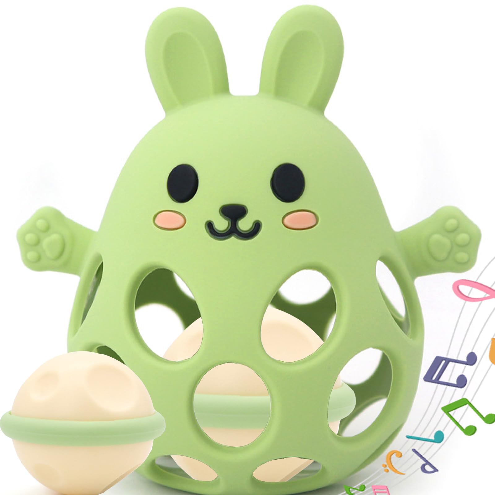 Juguetes Mordedor Montessori Bebés 0-12 Meses Educativos, Pelota Sensorial Bebé, Juguete Sonajero Bebés 1 Año, Regalo Cumpleaños y Navidad (verde oliva, conejo)