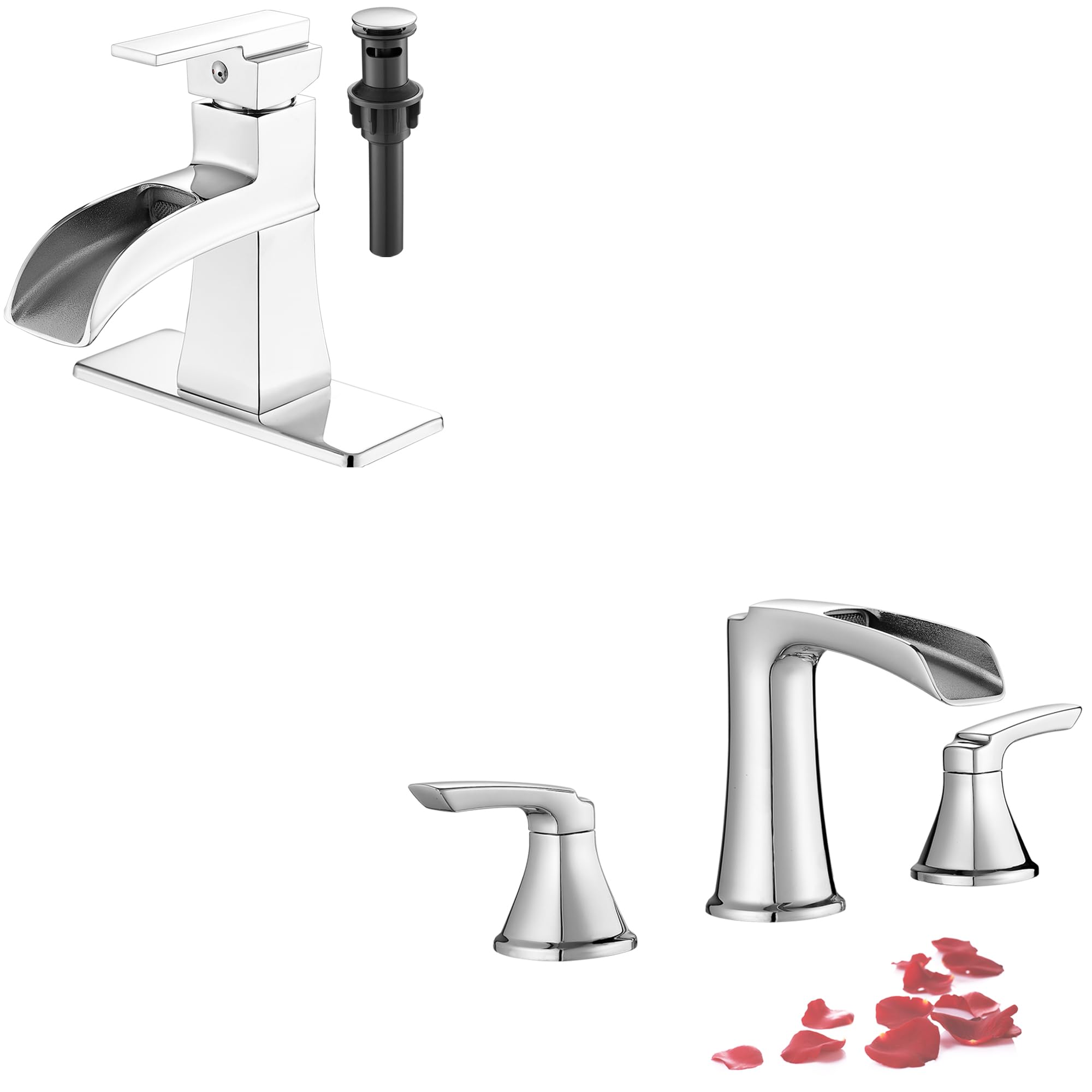 Hcfyauis Brass 4 Inch Waterfall Bathroom Faucets 1 Handle For 1 Hole Or 3 Holes With Pop-Up Drain, Widespread Waterfall Bathtub Faucet Set 6-16 Inch Deck Mount Widespread, Chrome