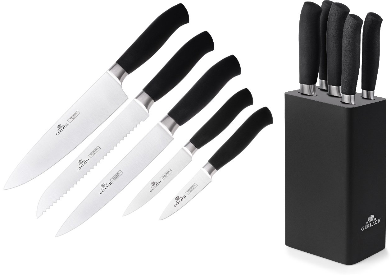 Gerlach 1760 Juego de Cuchillos de Cocina en Bloque 5 piezas - Cuchillos Afilados de Acero Inoxidable - Mango Antideslizante - Bloque Elegante de Madera de Haya - Cocina Moderna - Pure Negro