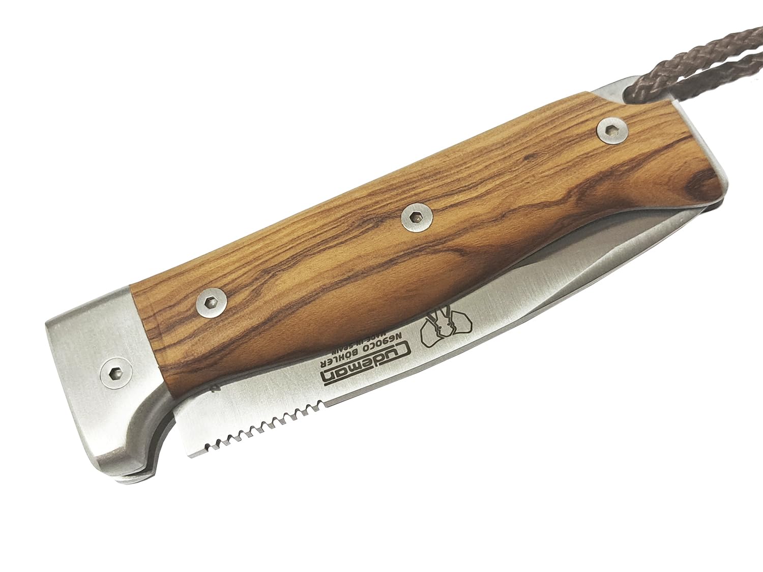 Navaja CUDEMAN MT-4 Plegable Hoja 10 cm. Acero Bohler N690CO Olivo Satinado, Caza 384-LF con Funda de Cuero + Tarjeta Multiusos de Regalo