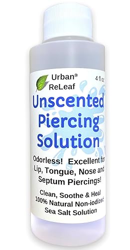 Urban ReLeaf Solución de piercing sin perfume. Remojo curativo de sal marina sin yodado. Labio, lengua, tabique, hoyuelo, boca. Sin aroma. Listo