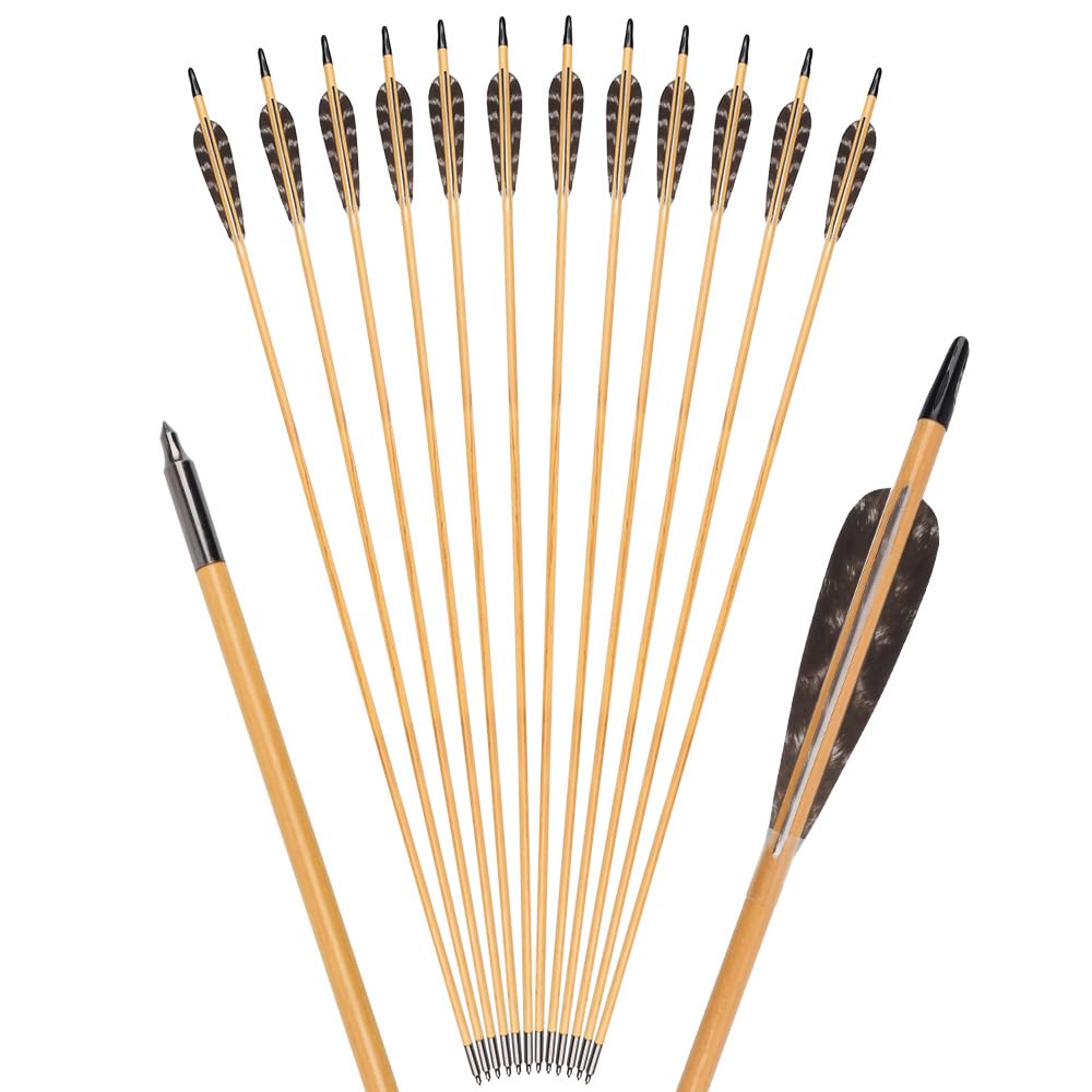 12 pièces 81 cm de flèches en bois avec 10 cm de plumes naturelles Flèches pour tir à l'arc Flèches en bois Flèches de chasse fabriquées à la main pour arc traditionnel Arc recurve Arc long