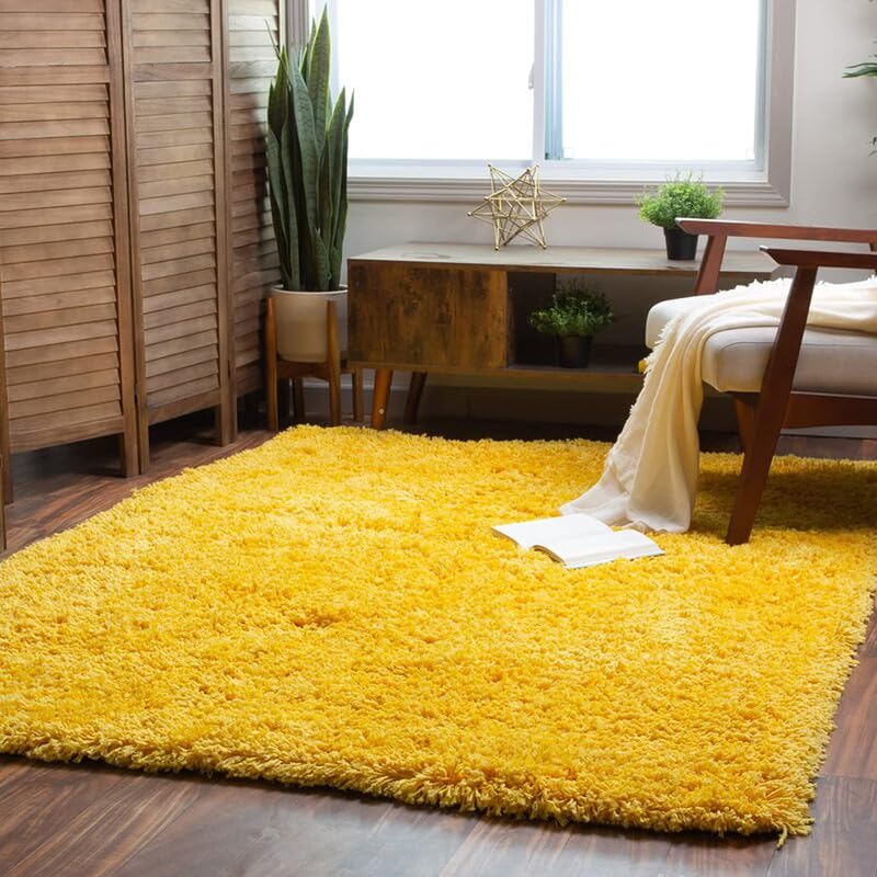 Image of Shaggy Area Rug - Extra Plush Luxury Carpet, Super Soft & Cozy Feel| Perfect for Living Room, Bedroom, and Stylish Home Decor- Yellow (7 x 10 ft)