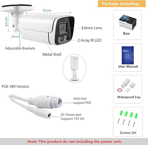 Miniatura 7 de Cámara IP POE de 5 MP, cámara de seguridad impermeable IP65 para interiores y exteriores, lente de 0.142 in, visión nocturna IR de 49.2 ft, cámara