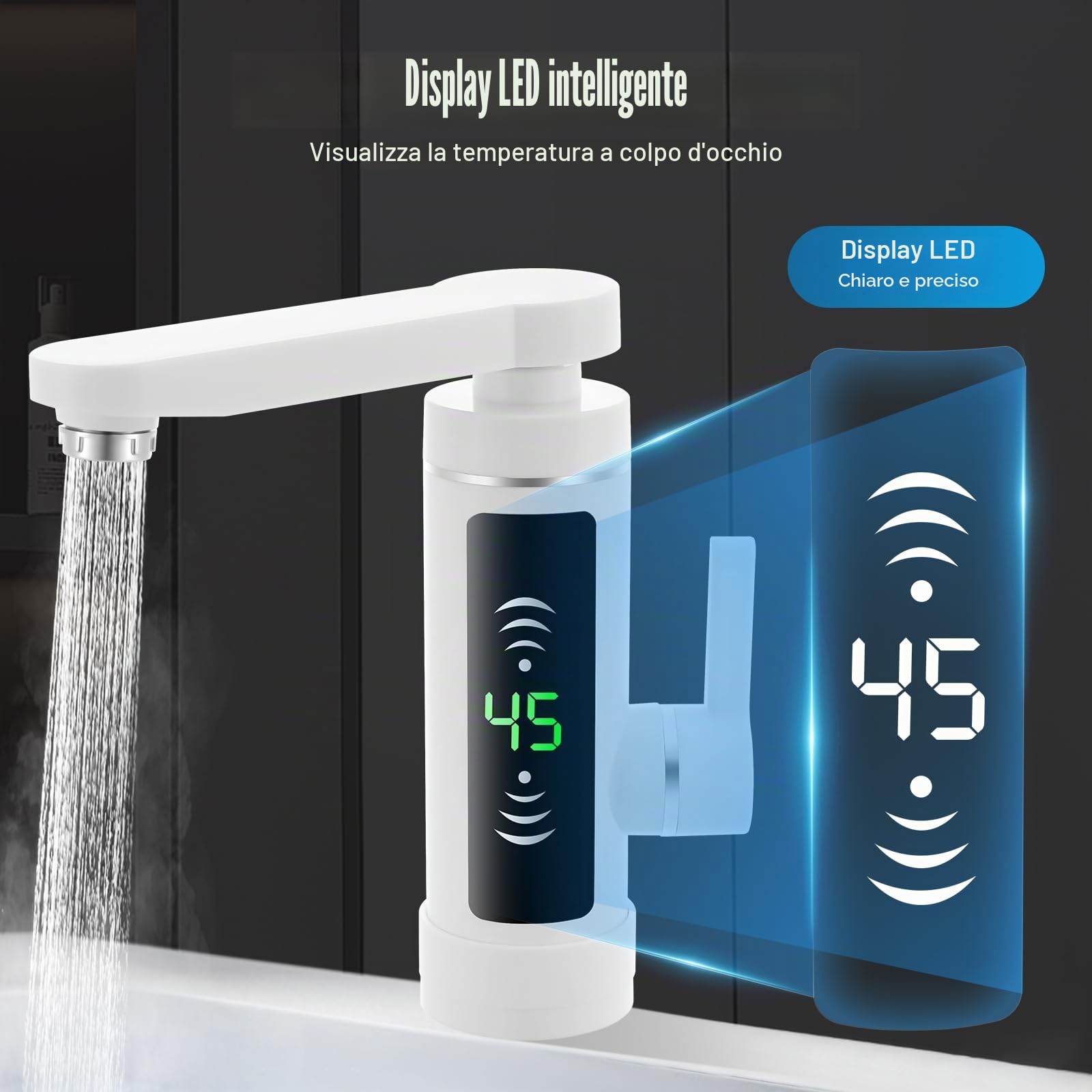MINRS Rubinetto con scaldabagno istantaneo Rubinetto elettrico con indicatore di temperatura a LED, 3 secondi, riscaldamento rapido elettrico per casa, hotel, ristorante e altri luoghi