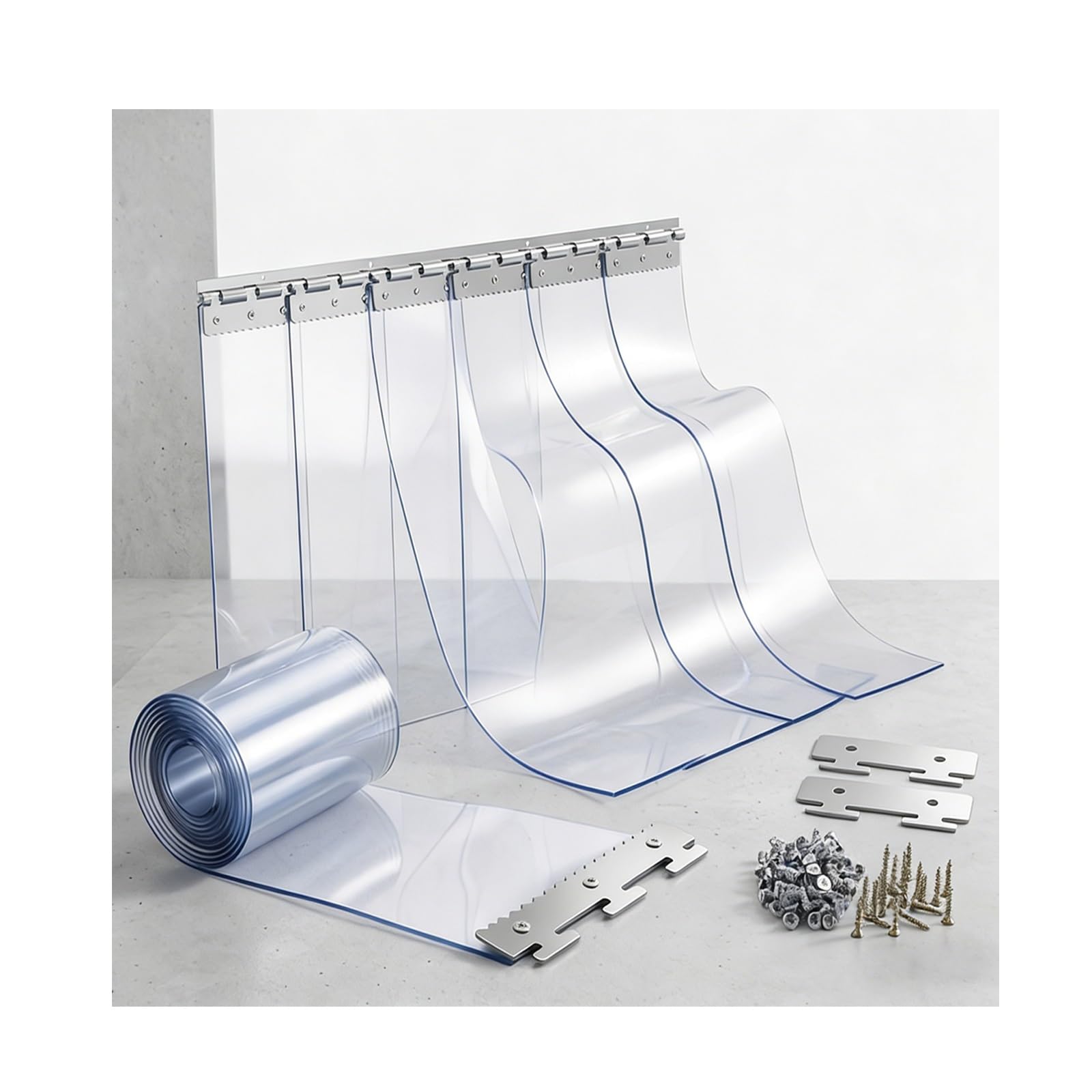 Tenda a strisce in PVC trasparente resistente,kit completo for porta in plastica trasparente,striscia in vinile flessibile, magazzino congelatore(W195xH220cm/W76.77xH86.61in)