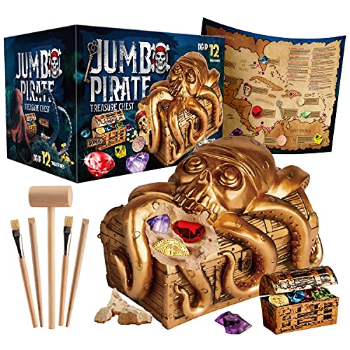 Jumbo Pirate Dig Kit â€“ Pirate Toys for Kids - Dig up 12 Pirate Treasures, Gemstones, Gold Coins â€“ Great Birthday Party Supplies, Gifts Idea for Boys & Girls - Includes Treasure Chest