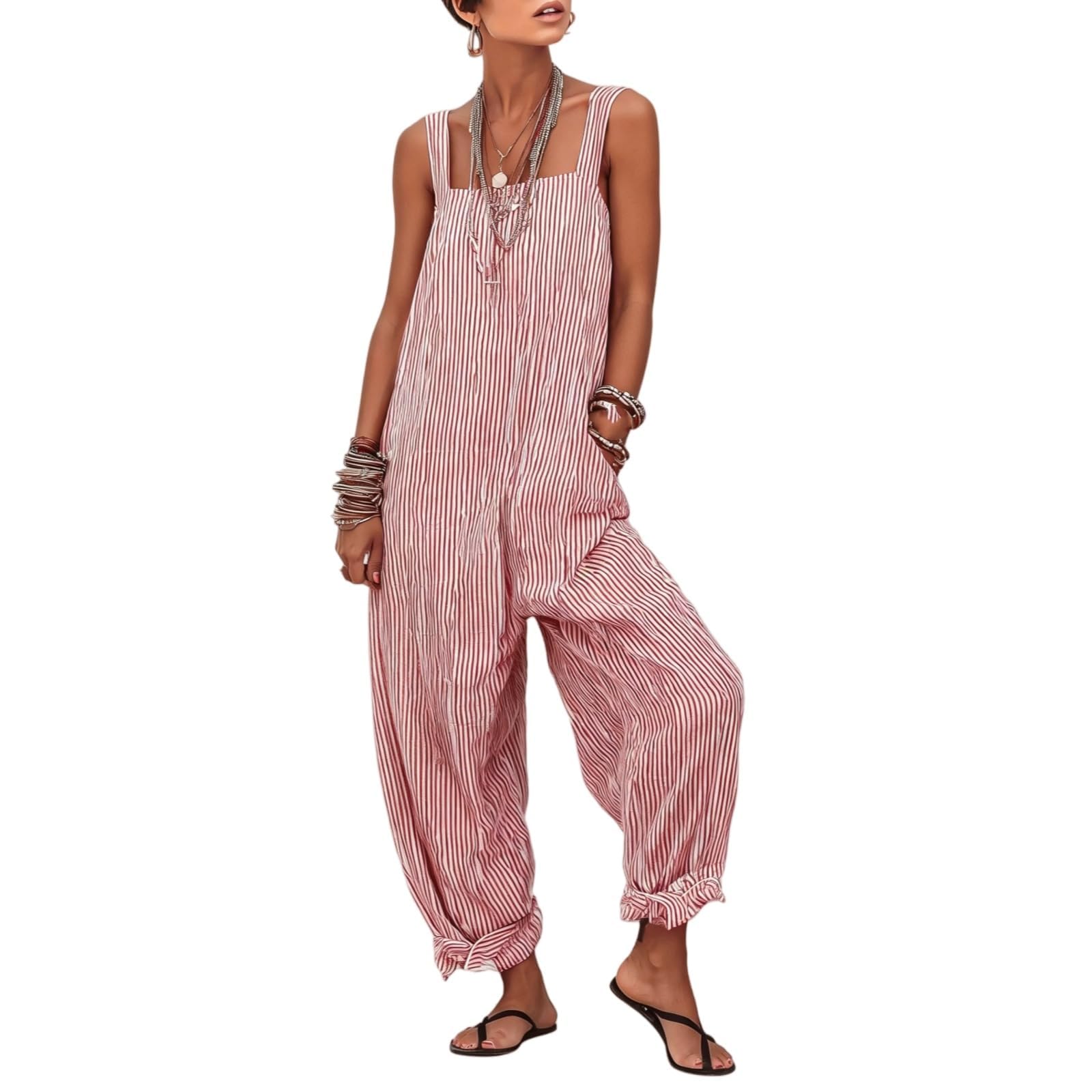 Generico Tuta intera da donna a righe, vestibilità ampia, scollo quadrato, senza maniche, stile minimalista, gamba larga e tasche – Romper estivo casual (Pink,3X-Large)