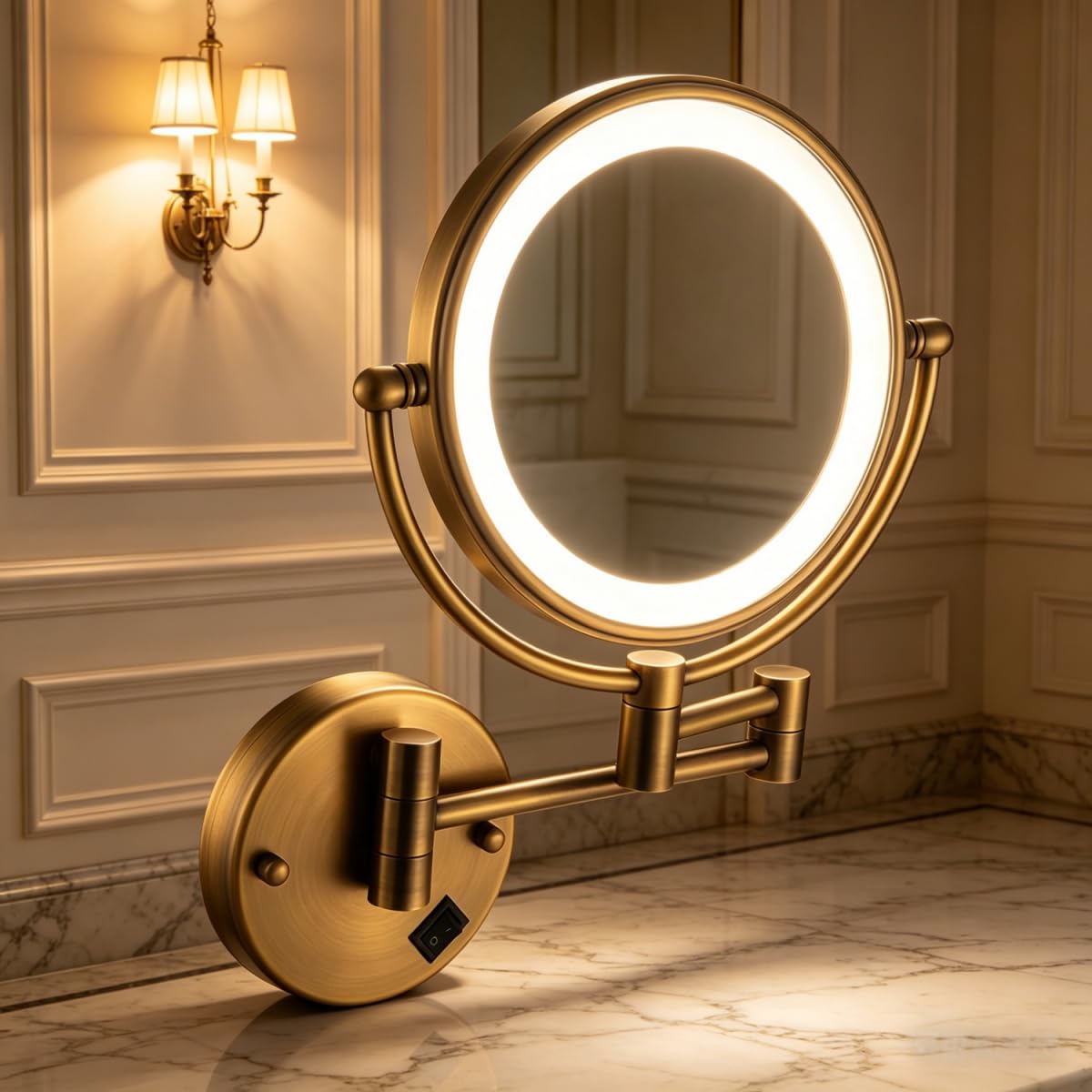 Specchio Trucco da Parete con Luci LED, 8" Bagno Specchio Ingranditore da Parete, Girevole a 360° Specchio Bagno, Acciaio Inox 1x/5x Specchio Estensibile per Make-up e Rasatura,Antique Bronze