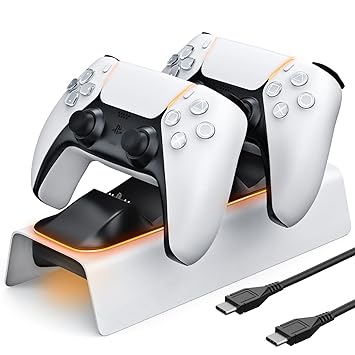 PS5 Controller Charger, Upgraded PS5 Charging Station with Intelligent Chip in 3 Hrs Fast Type-C Charging, Dualsense Charging Stand Docking for Dual PS5 Controllers with LED Indicator, White