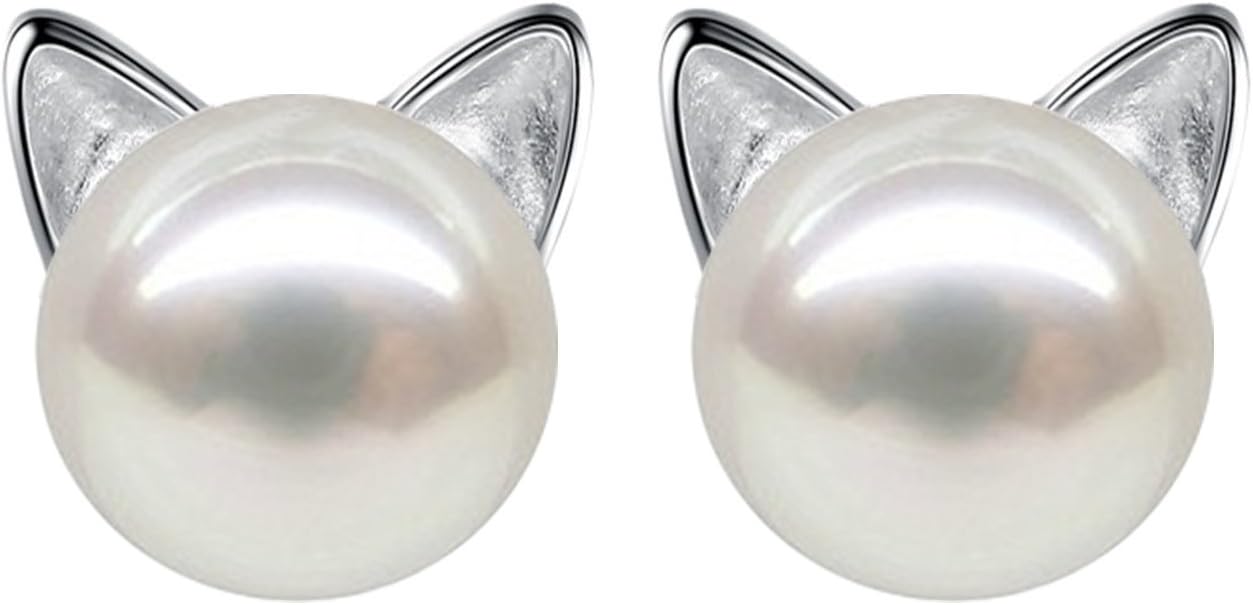Wicary Cat Earrings Sterling Silver Pearl Earrings for Women Cat Stud Earring for Cat Lovers