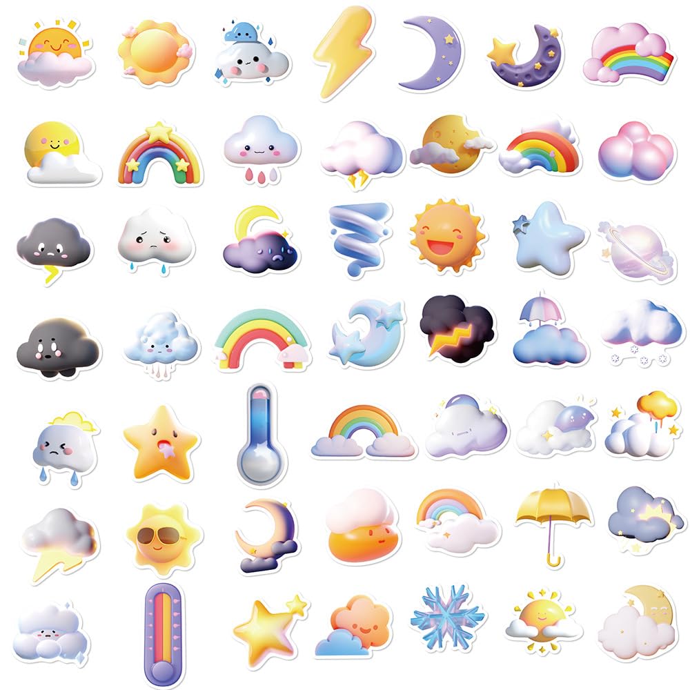 50 Stück Wetteraufkleber Für Kinder - Wolken & Sonne Motive, Wasserfest, Für Wasserflaschen, Laptops & Mehr