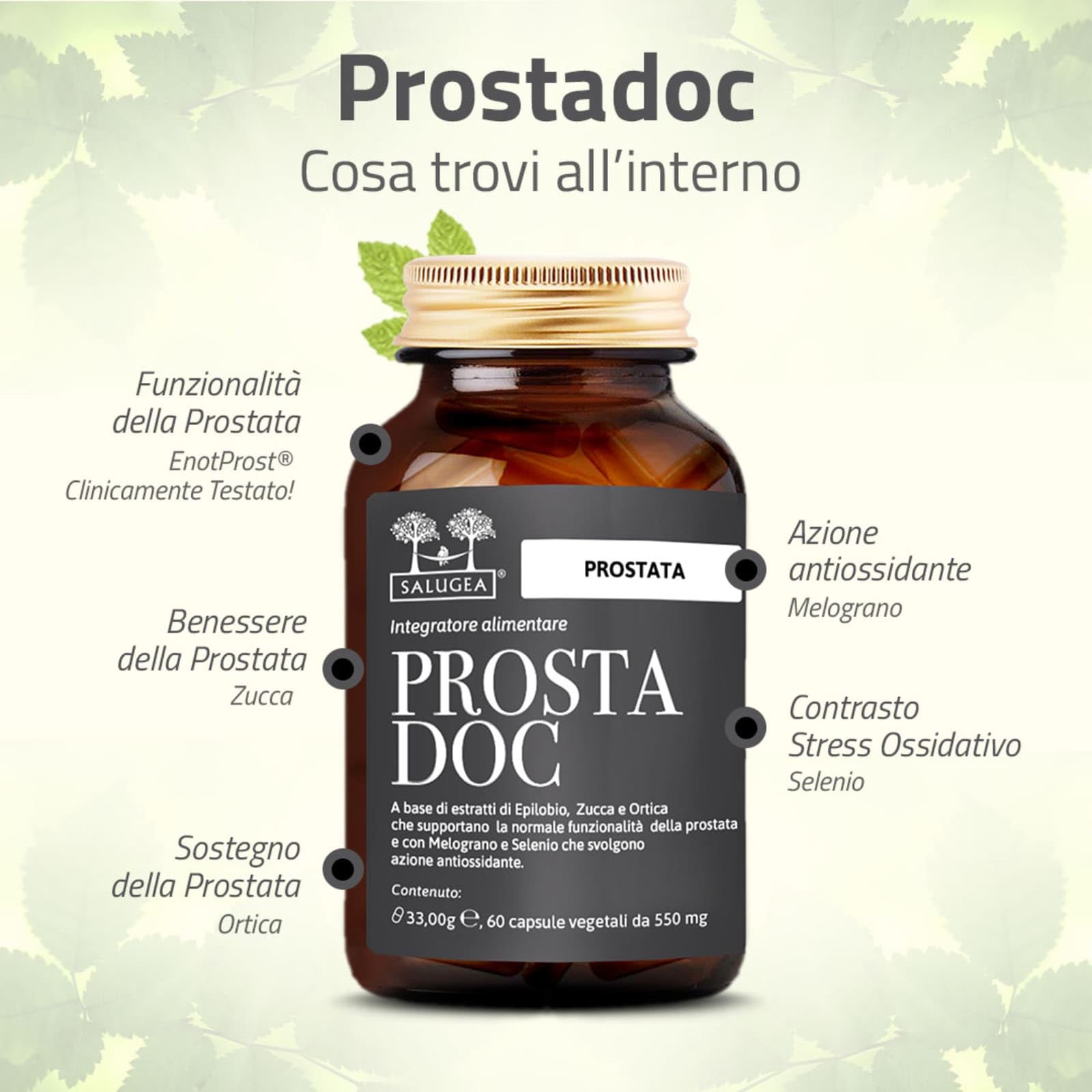 PROSTADOC Salugea - Integratore 100% naturale per il Benessere della prostata - con EnotProst®, Zucca, Ortica, Melograno e Selenio - 60 Capsule in Flacone di vetro scuro farmaceutico