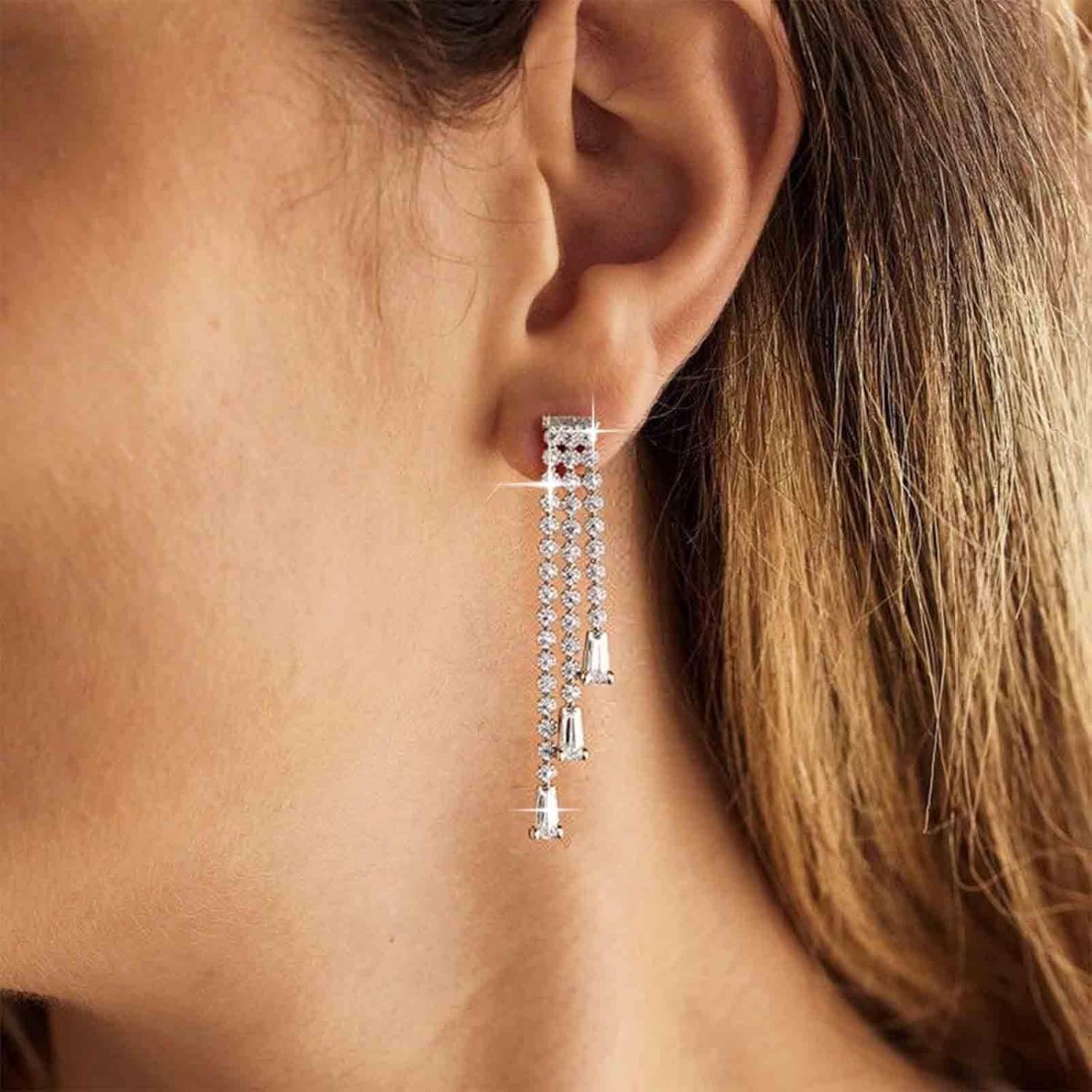 Vintage Crystal Chandeliers Drop Earrings Silver Cz Chain Earrings Rhinestone Tassel Earrings Shine Cz Tennis Chain Earrings Jewelry for Women and Girls - Image 5