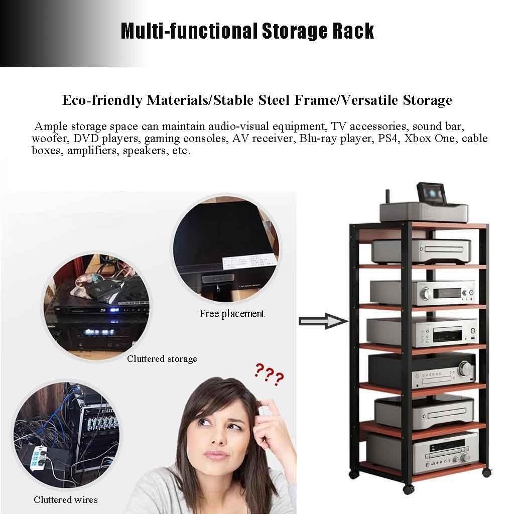 Mobile Stereo Hi fi Rack Carrello Multimediale AV Scaffale Mobile Per Supporti Con Ripiano In Legno A 7 Livelli, Moderno Supporto Multimediale AV Armadio AV Con Ruote(Red)