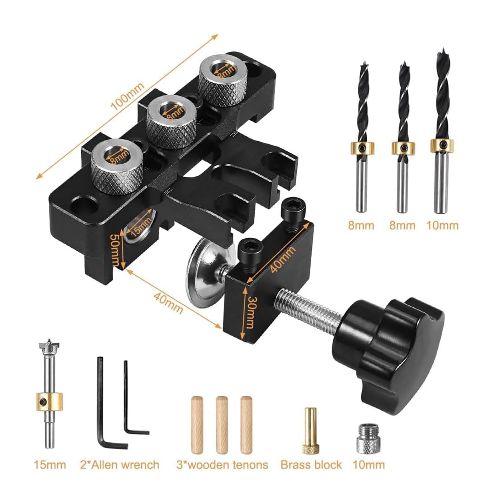 Kit gabarit Trou Poche 3 en 1, gabarit de perçage 6/8/10/15 mm avec Clip de positionnement, kit de gabarit Chevilles pour Travail du Bois, Guide perçage, localisateur poinçon, Outil menuiserie