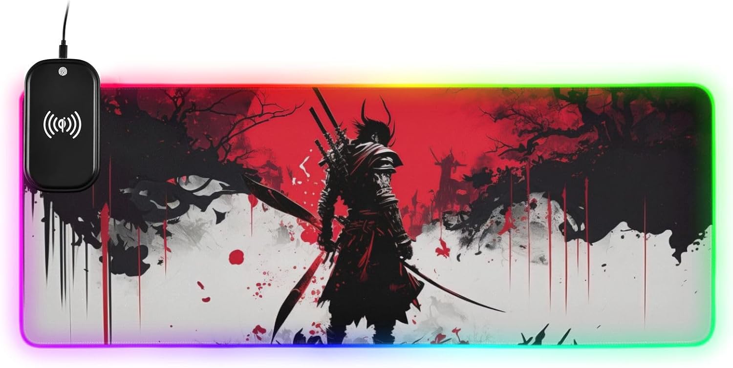 AIXIWAWA (Japanese Samurai Art Wireless Charging Mouse Pad 15w RGB Glowing Mouse Soft Mat Large Oversized Gaming Keyboard Pad for Desk
