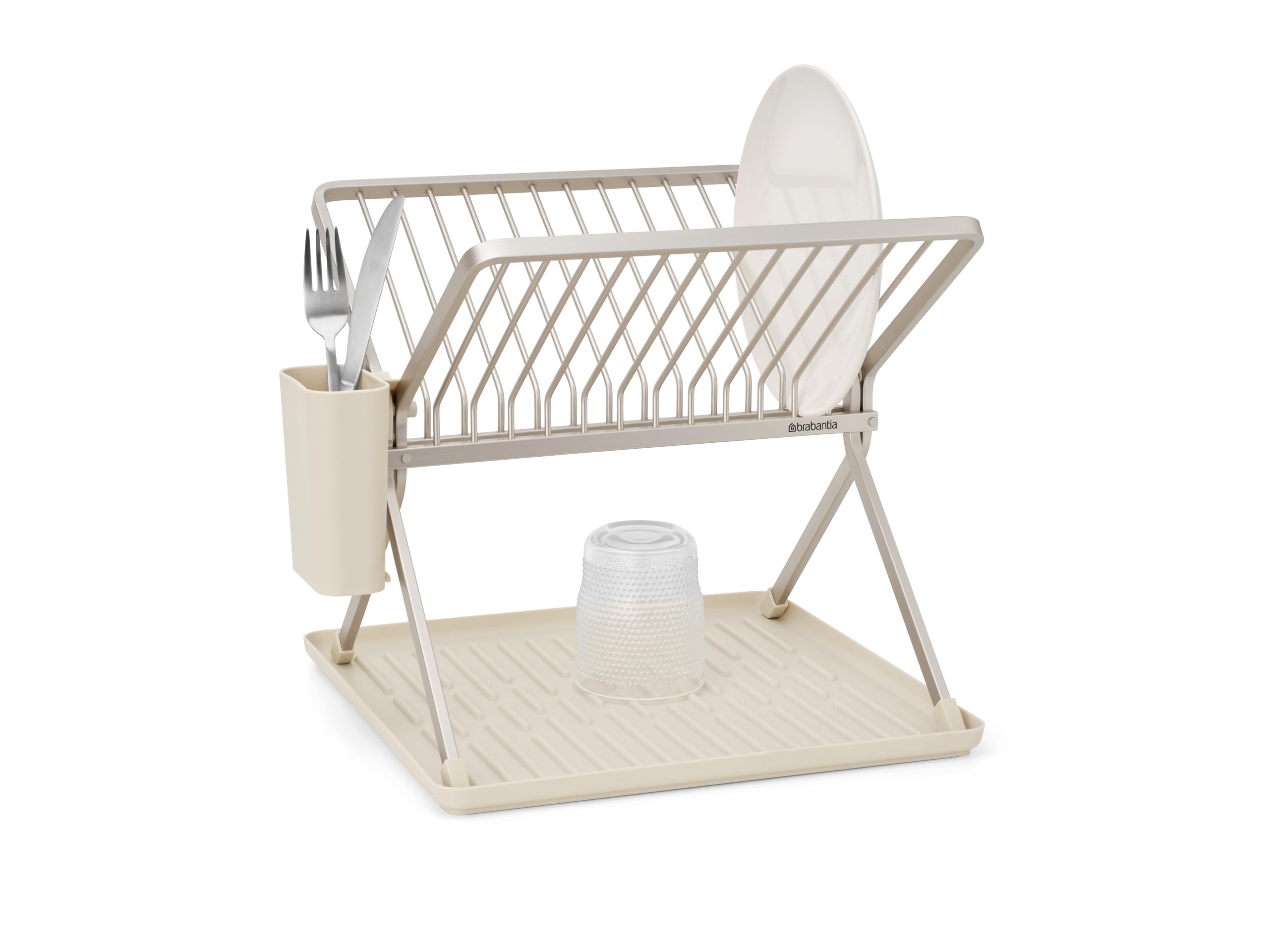 Brabantia SinkSide faltbares Geschirrabtropfgestell (Soft Beige), schlankes Abtropfgestell mit abnehmbarem Besteckkorb, vielseitige Geschirrablage für Geschirr und Küchenzubehör