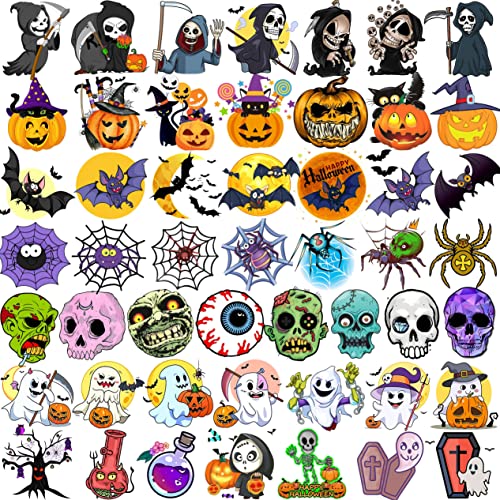 Geweir 50 Stück 3D Bunt Halloween Kostüm Tattoos Zum Aufkleben Kinder Mädchen, Geist Schläger Spinne Kürbis Fake Temporäre Tattoos, Kindertattoos Fake Tattoos Gesicht Festival Zubehör Accessoires Cover