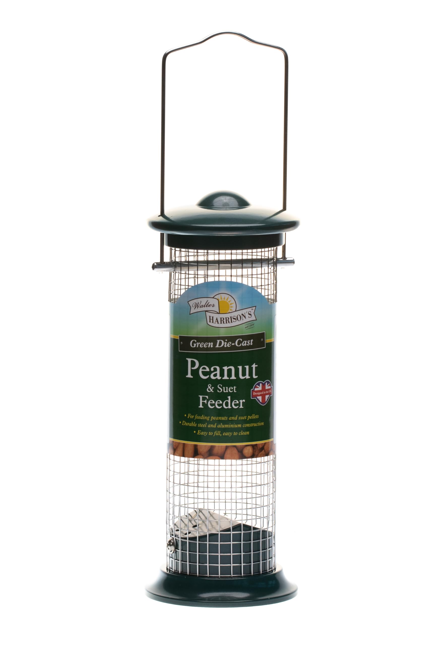 Walter Harrison's Peanut and Suet Hanging Feeder – Hard-Wearing Green Plated Die Cast Wild Bird Feeder, Small, 20 cm (Pack of 1)