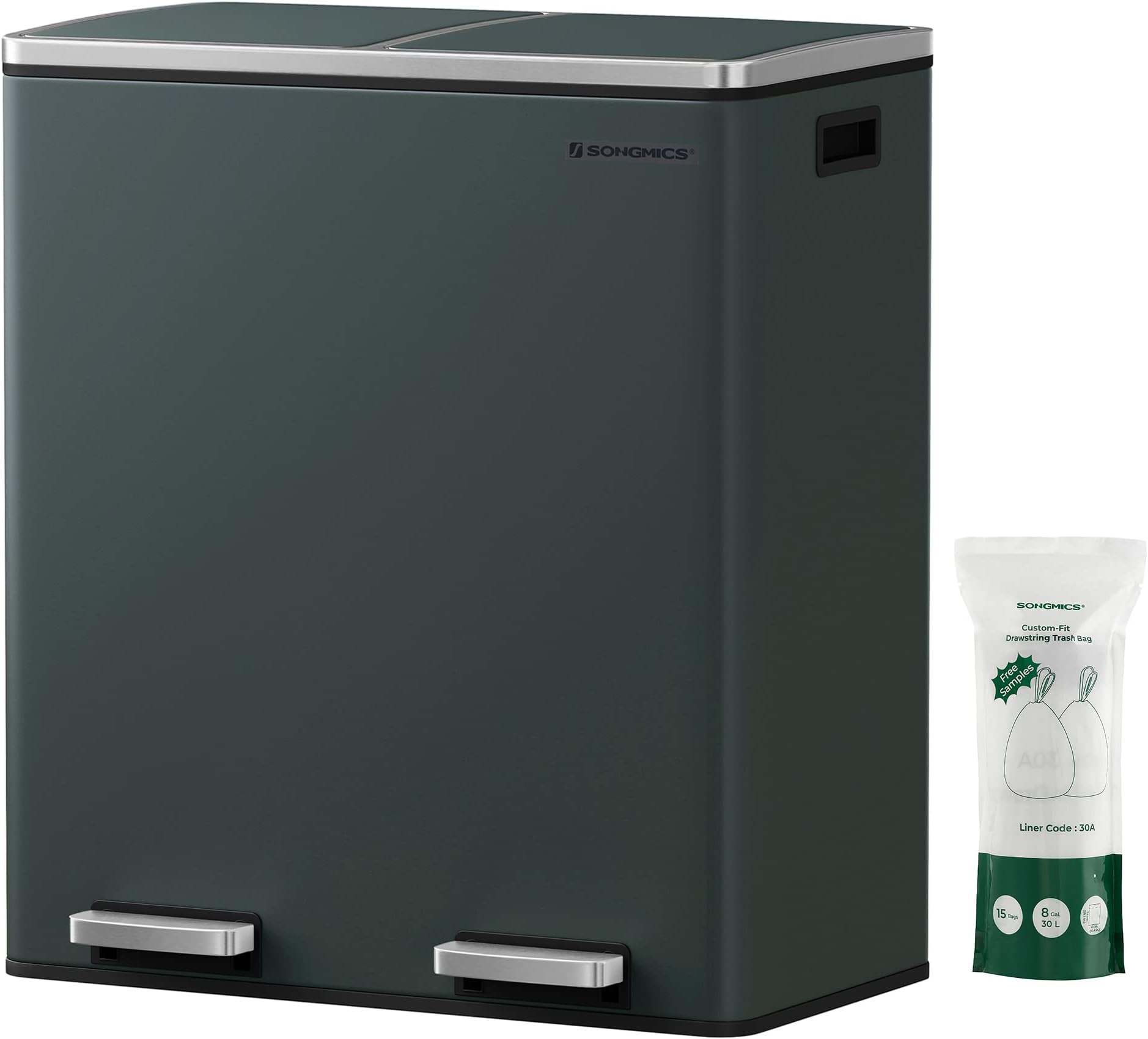 SONGMICS Dual Rubbish Bin, 2 x 30L Recycling Bin, Metal Pedal Bin, with Dual Compartments, Plastic Inner Buckets and Hinged Lids, Handles, Soft Closure, Airtight, Grey LTB60GS