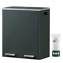 SONGMICS Pattumiera a 2 Scomparti, con 2 x 30L Secchi Interni per Spazzatura Differenziata, 15 Sacchi della Spazzatura, Pedali e Coperchi a Cerniera, Chiusura Morbida, Grigio Verdastro LTB60GS