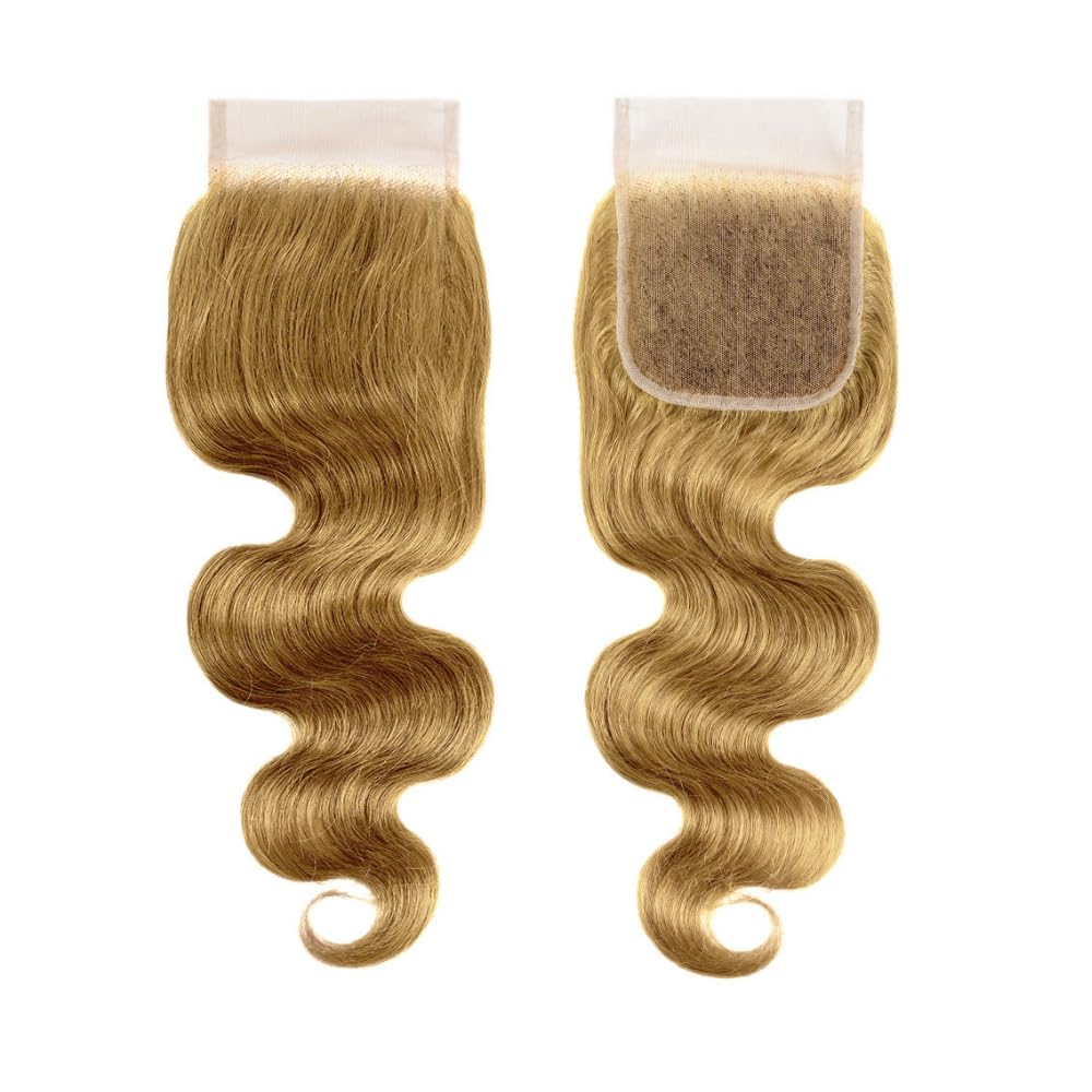 4x4 HD Lace Closure Body Wave, Honey Blonde #27 – Brazilian Virgin Human Hair, Remy Pre-Plucked Free Part Closure, hair color 27, 12 inch