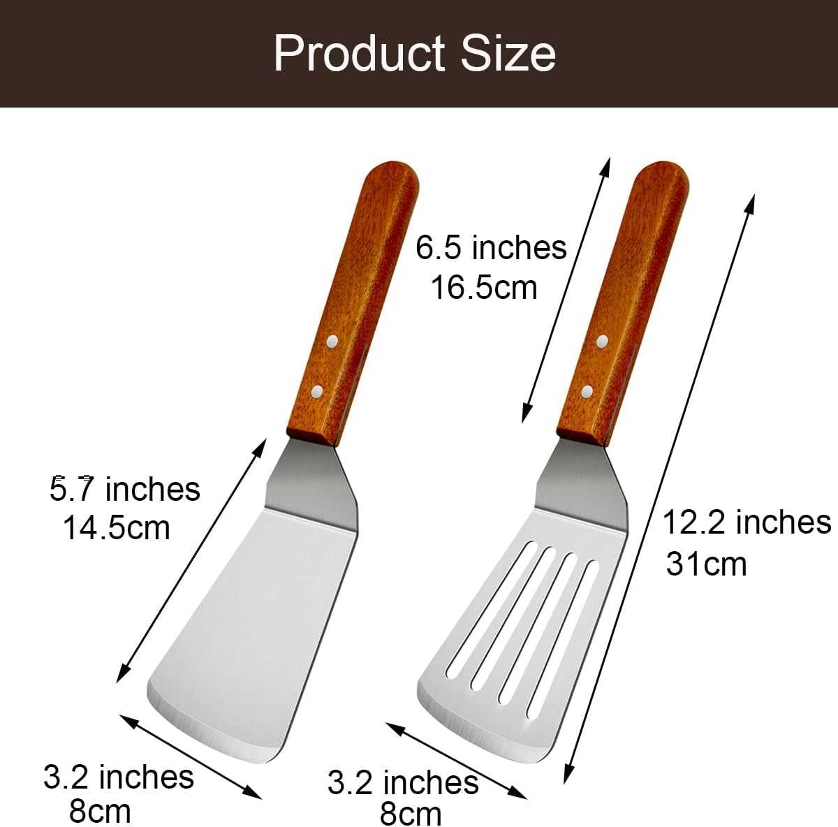 KLAQQED 2Pcs Metal Spatulas Set, Metal Spatula for Cast Iron Skillet, Cooking Utensils Fish Egg Grill Spatula Stainless Steel Slotted Spatula, Wok Flat Top Small Metal Spatula Turner with Wood Handle