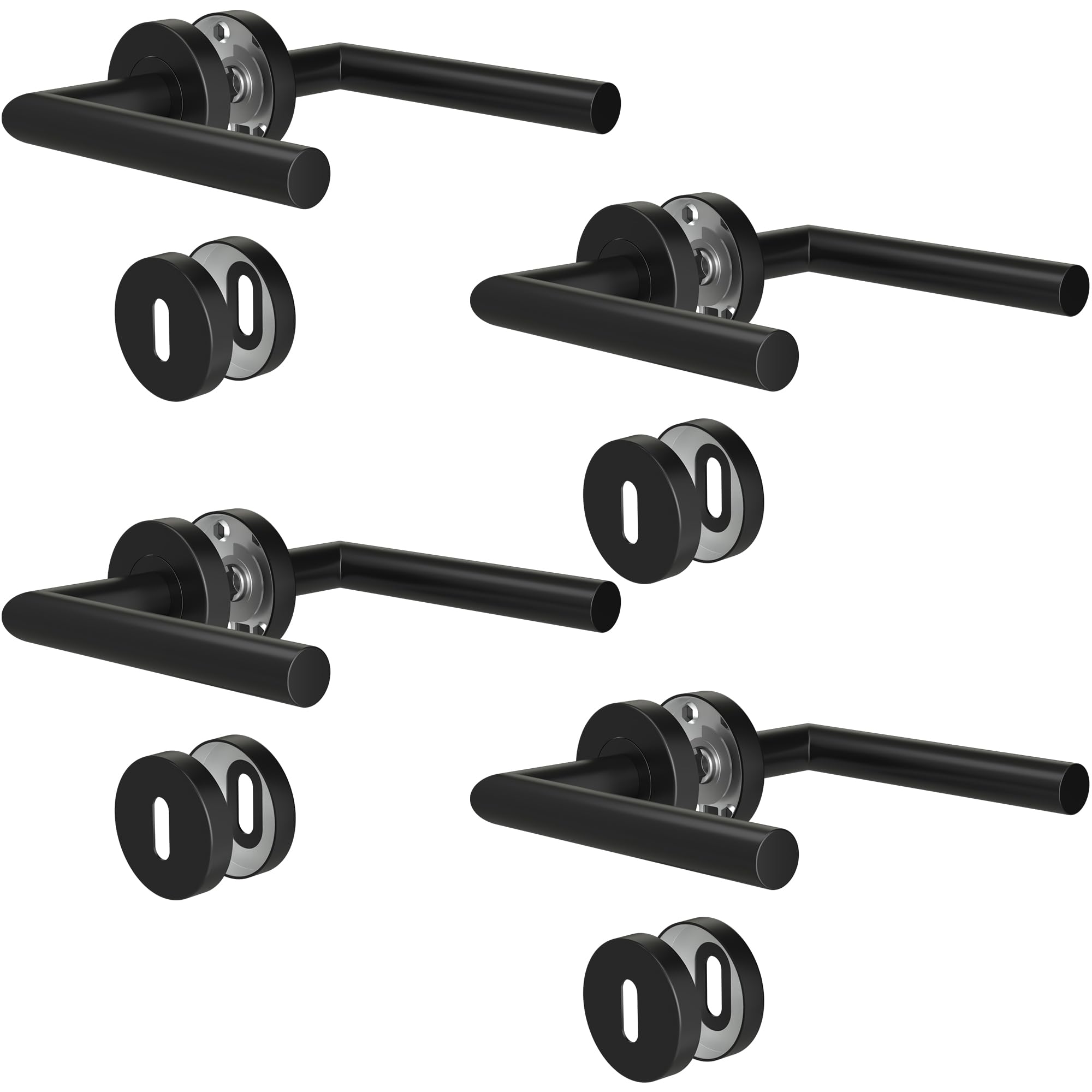 Maniglie per Porta Interne 4 Pezzi, Maniglia per Porta in Acciaio Inox con Rosetta Arrotondata Ø 52 mm, Nero Opaco, Forma di L, BB-Chiave a Profilo Tondo
